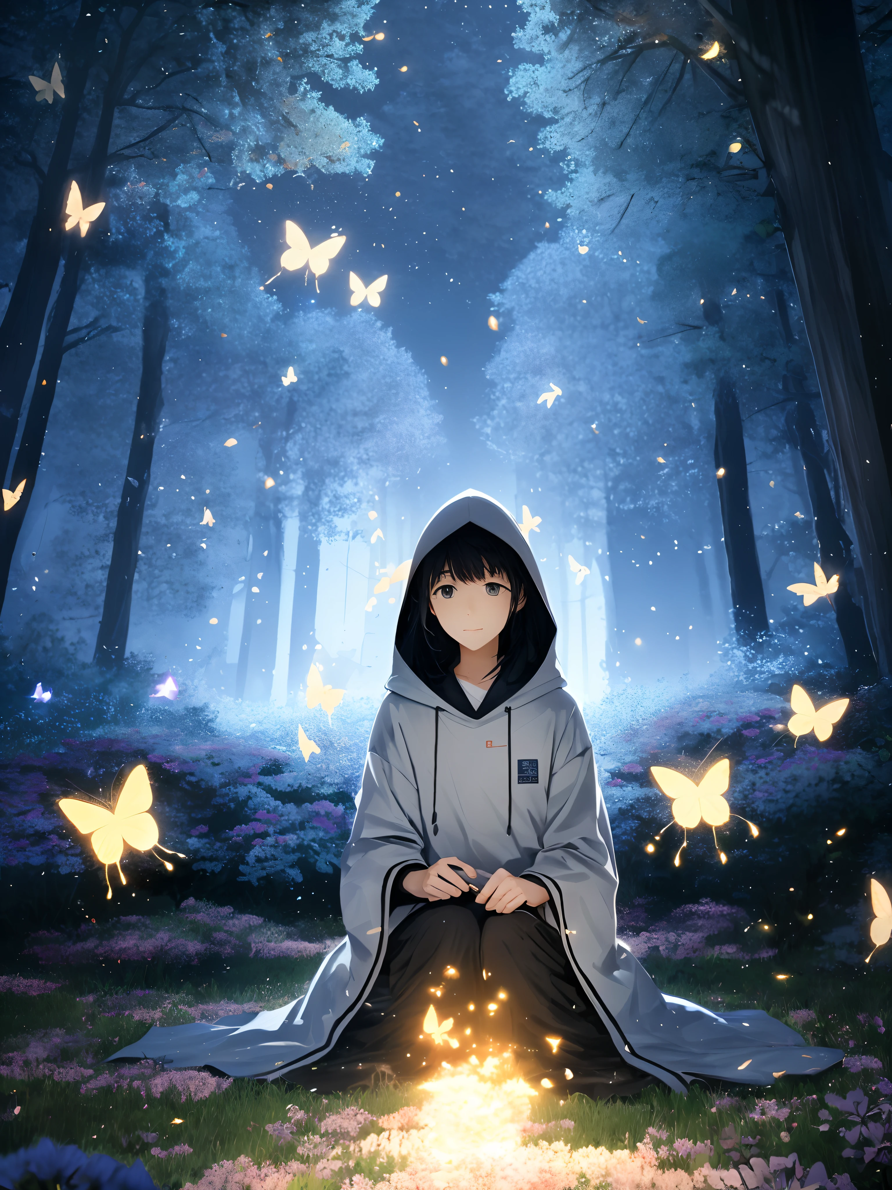 takehiko inoue, kawacy, bokeh, unreal engine 5, A hooded woman, butterfly, at the galactic forest, fireflies, flowers, petals, water, flames, particles, ultra high details, high definition, intricate, high quality, 8k,