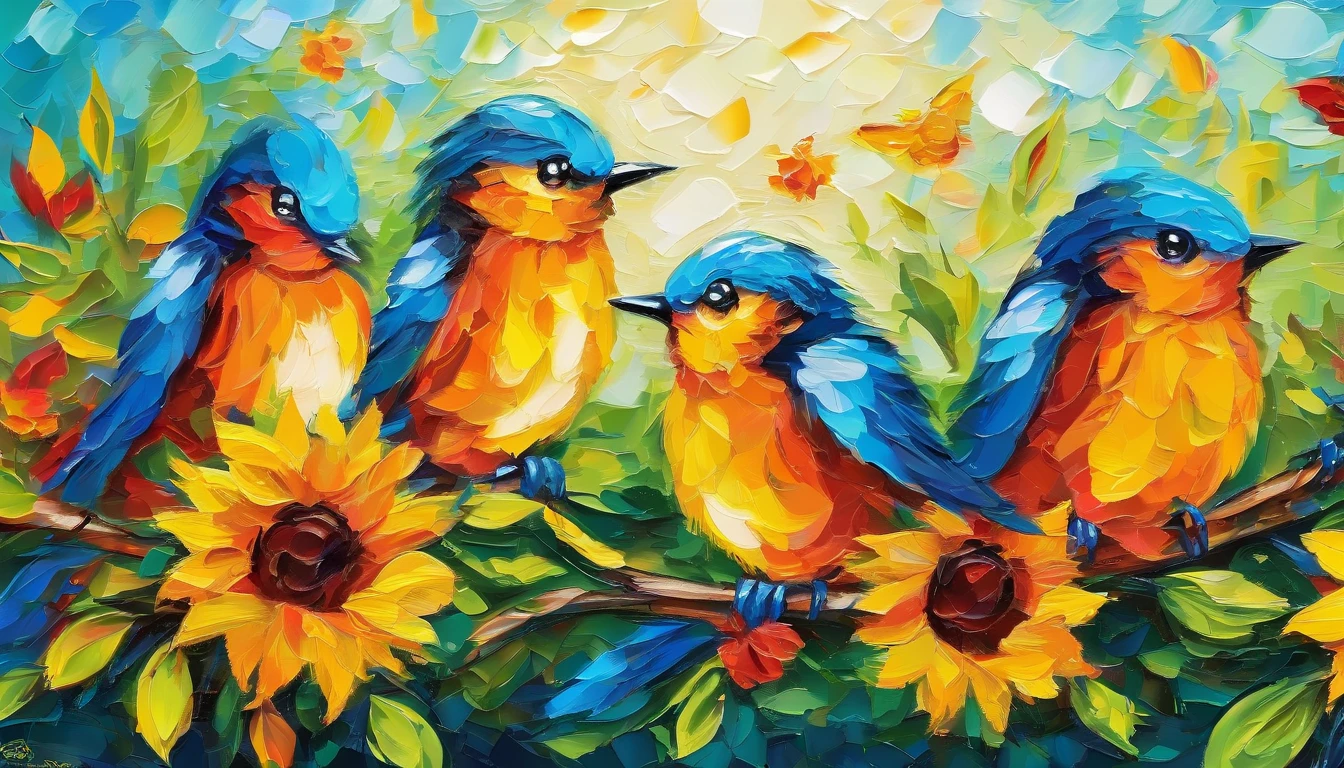 Impasto oil painting of two birds sitting on a fence surrounded by flowers, colorful hd picure, colorful birds, birds and butterflies, blue and yellow fauna, magical colorful flowers, realistic flowers oil painting, crystallic sunflowers, nature painting, butterflies and birds, beautiful nature, birds in the sunlight, beautiful painting of friends, mystical birds, bright sunny day,