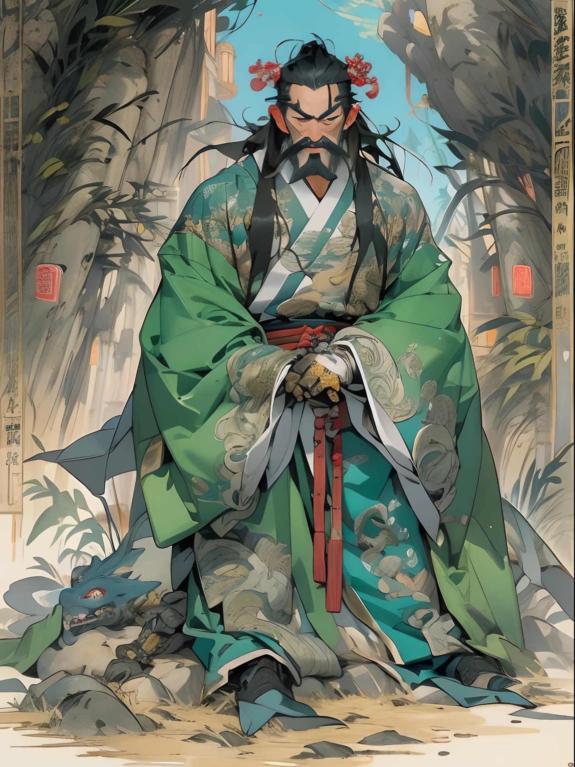 (((China-style,Ink painting method,Half-length portrait,Intense color,Han dynasty, China,Hanfu,Armor,Guan yu,Guan Yunchang,of a guy,Ruddy killing square face,Hold the Blue Dragon Moon Knife in his right hand,Stroke your beard with your left hand,Long hair,petty eyes,Green robe))), (((best qualityer))), (((tmasterpiece))), (((AS-Adult))), ((( Japanese ))), Look up from your knees, Handsome Asian samurai,perfect body figure, Modern samurai, ((( Asian))), Wear gloves on your hands,The left arm is made of steel and metal tips,Made of protective devices, The eyes are pulled, (( Appears below the chest )), (( Small dental floss )), Simon Bisley, Almost naked(Simon Bisley)Castle City Wilderness,For high-resolution posters, hair straight, Minimum clothing, armure (Crazy clothes ), Full of tips and rivets, tribal tattoos, (((full bodyesbian))), Straight brunette hair,Colored hair ends