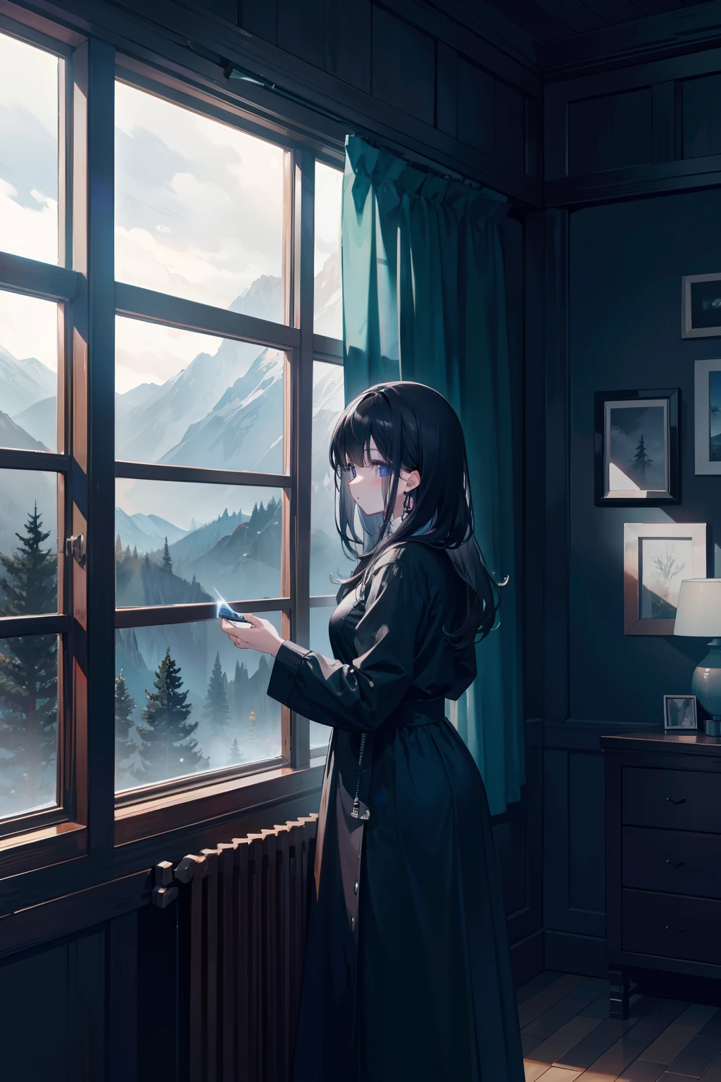 beautiful dark room with a large window, outside the window is a dark forest with mountains and a dark cloudy sky, 8k, high resolution