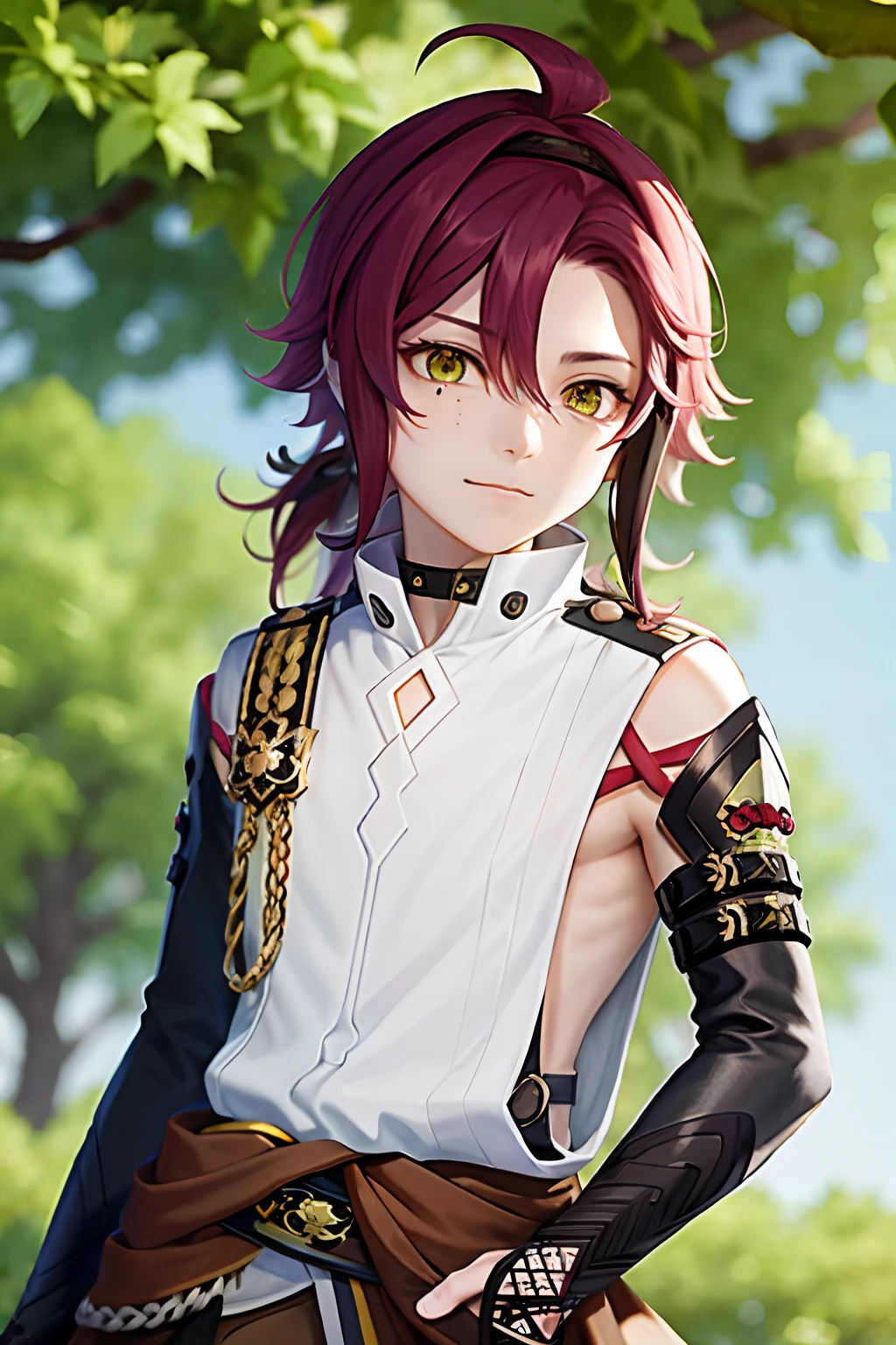 masterpiece, best quality,Shikanoin Heizou (genshin impact), 1boy, male focus, kurokote, green eyes, kote, multicolored hair, mole under eye, red hair, solo, mole, black choker, japanese armor, looking at viewer, choker, armor, streaked hair, aiguillette, sleeveless, ahoge, long hair, low ponytail,(kbxll:0.6)