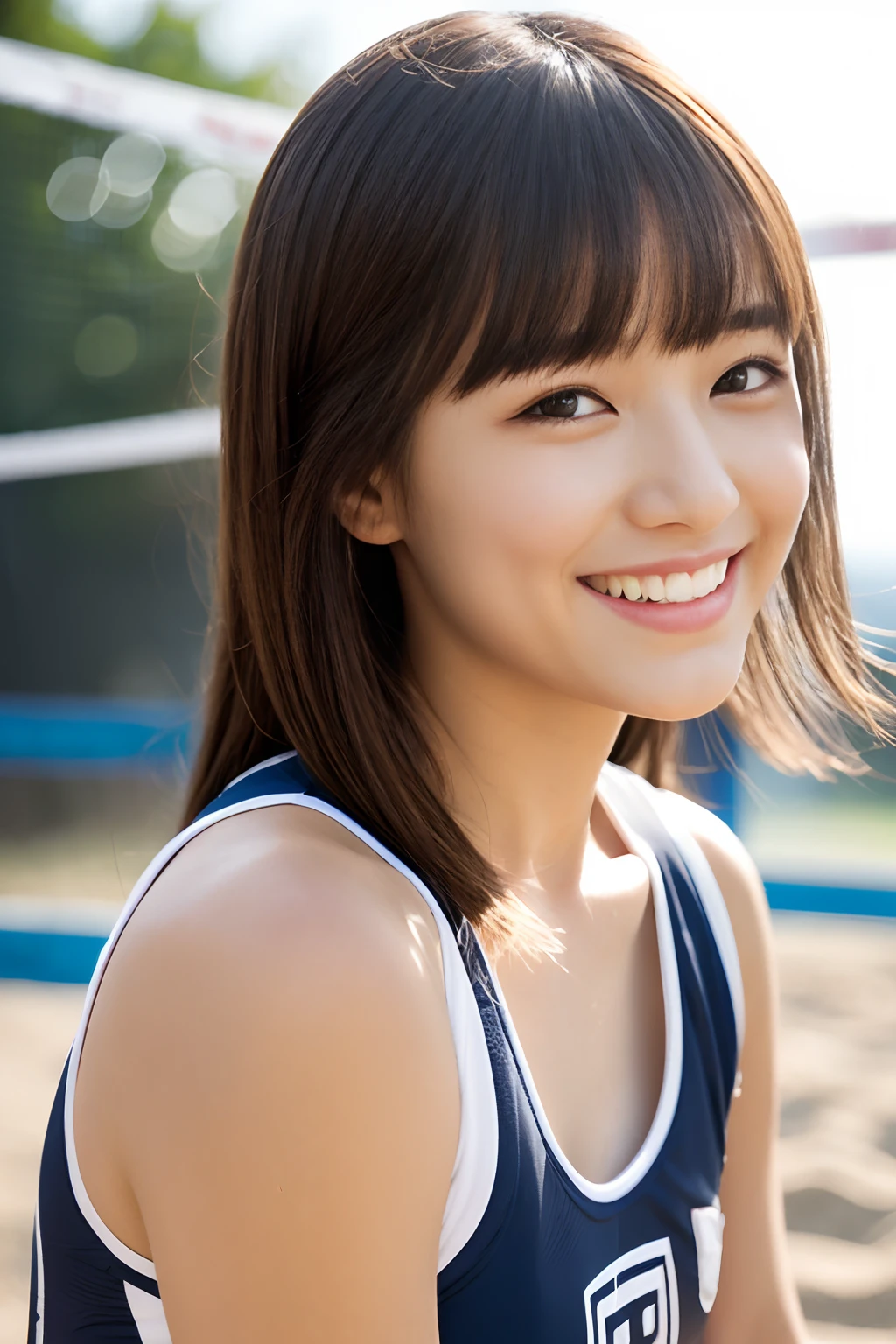 ((beachvolley:1.2))、(realisitic、Photorealsitic、ultra-detailliert、Highest Details Skins、top-quality、masterpiece、超A high resolution)、Realistic skin type、hi-school girl、simple background、Cute Japan person、17 age、younggirl、I have bangs、二重まぶた、drooing eyes、Cute smile、Charming、purity、double tooth、View here、The wind is blowing、summer sunlight