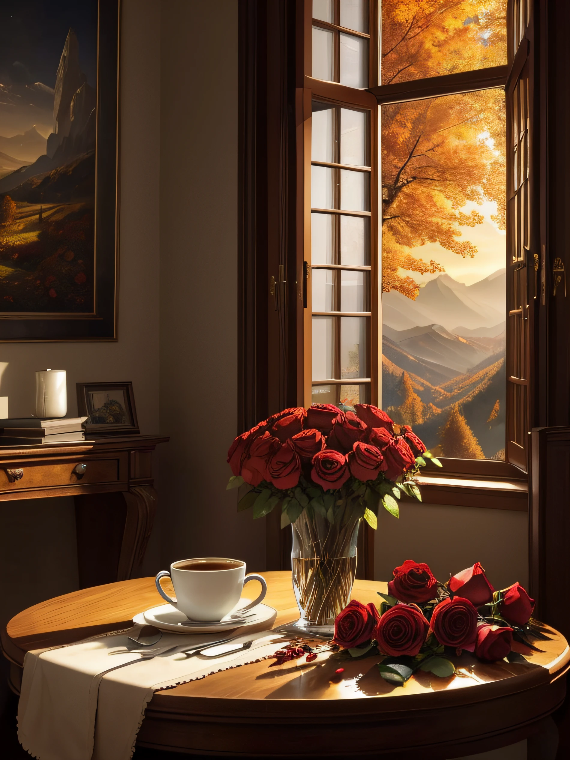 autumn, early morning, A cup of coffee on a saucer, Hot coffee, Bouquet of roses, Large roses, red roses, Beautiful romantic roses, A book on the table, Mountains outside the window, Autumn trees, Autumn leaves outside the window, The light of the sun in the distance, higly detailed, light and shadow contrast, Гипер HD, tmasterpiece, Winning works, The best quality at its best, hight resolution, 16k