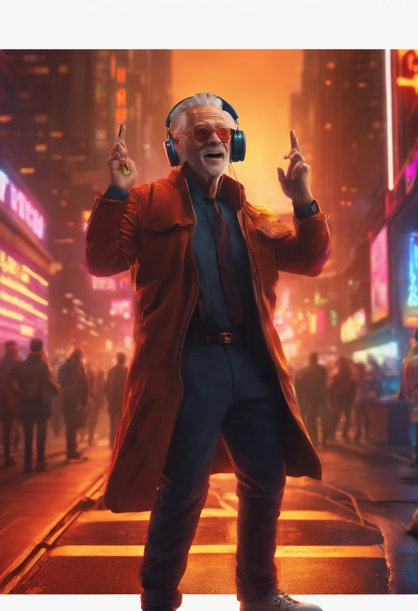 A happy old man listening a music with headphone, wearing rockstar suit, dynamic dancing poses, bald, fat, neon lights room, detailed face and eyes, perfect anatomy, natural skin, perfect object, happy expression, ambient lighting, raw photo, ultra detailed, realistic photo, highly texture, full frame photo shot, wide composition angle, masterpiece composition, ultra hd, 8k, depth of field, sharp focus, emitting diodes, smoke, sparks, racks, by pascal blanche rutkowski repin artstation hyperrealism concept of detailed character design, 4 k resolution