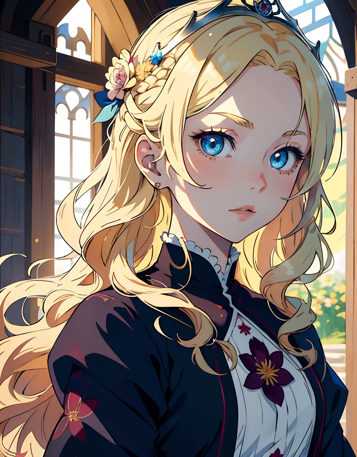((masterpiece, best quality)), (1girl, anime girl in medieval style),(loli, little girl), (solo), (female focus), (blonde hair, wavy hair, long hair),blue eyes, ((flower tiara)), pale skin, evil, vicious, portraits, close up, upper body, vibrant colors, soft lighting