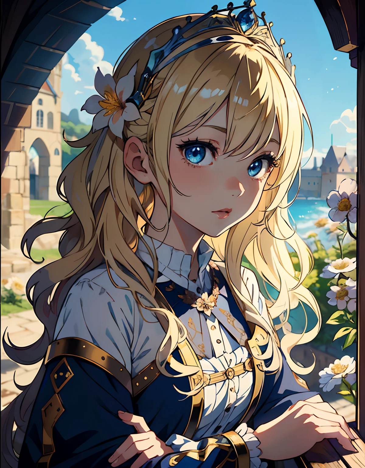 ((masterpiece, best quality)), (1girl, anime girl in medieval style),(loli, little girl), (solo), (female focus), (blonde hair, wavy hair, long hair),blue eyes, ((flower tiara)), pale skin, evil, vicious, portraits, close up, upper body, vibrant colors, soft lighting