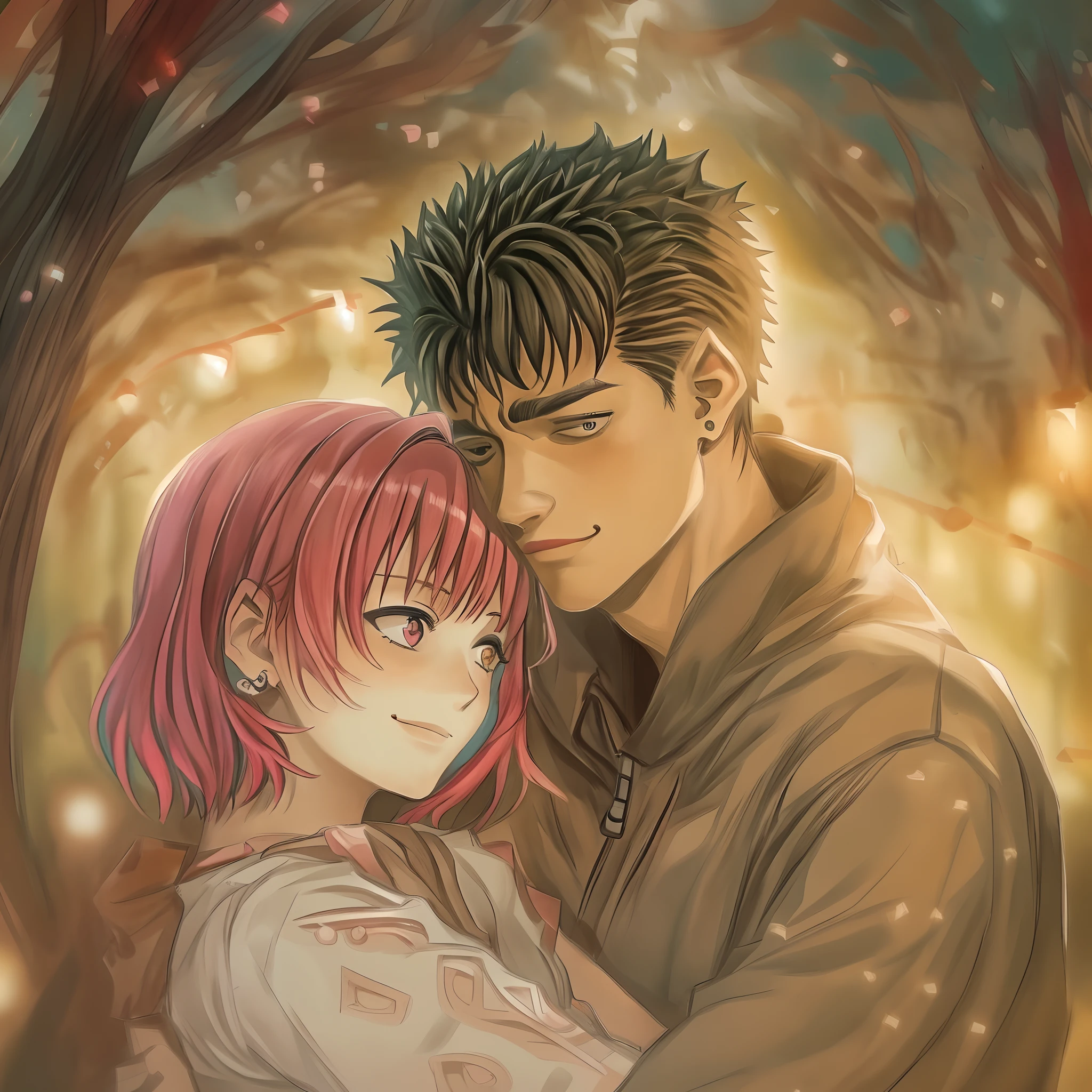 A detailed masterpiece depicting a heartwarming scene of Riamu and Guts, a lovely and deeply in love couple. In this artwork, Riamu and Guts are sitting closely, wrapped in a warm and tender embrace. Their love shines through their beautiful smiles and gentle kisses. The artwork is of the highest quality, with ultra-detailed features that capture every intricate detail of their expressions, from the sparkles in their eyes to the delicate lines on their faces. The portraits are incredibly art, almost like a photograph, with vivid colors that bring the scene to life. The artwork is bathed in warm tones, creating a cozy and intimate atmosphere. Soft lighting adds a touch of romance to the scene, illuminating the couple and enhancing the emotional connection between them.