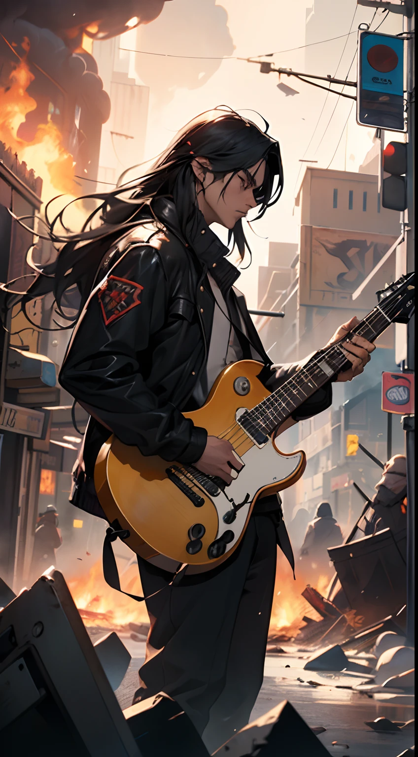 A Man (1man) with long black hair, black rock in roll style jacket playing guitar, a city completely destroyed and on fire, Epic Fantasy Digital Art Style, Epic Fantasy Illustration