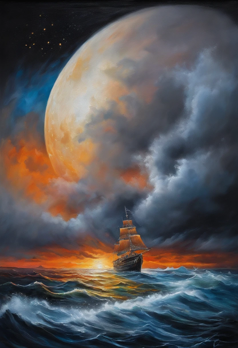 ultra-realistic three-dimensional acrylic painting on black canvas, a massive tidal wave engulfs a cruise boat in ocean fury, in imminent destruction, scene is beautiful and horrifying under the orange moon,  3D/2D mash-up, quad exposure,  vibrant oceanic colors under a black light effect. 8K resolution, 3d volumeric light, precision and details, (breathtaking) . award-winning, professional, highly detailed