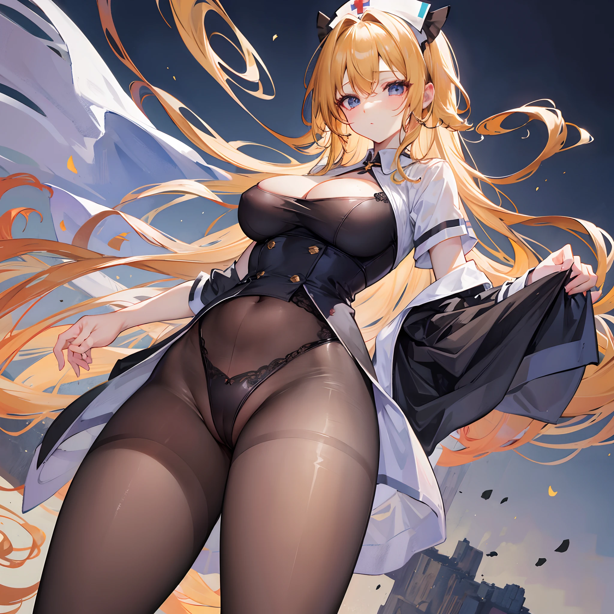 sheer cliffs,爆乳,black pantyhoses,golden curly hair,nurse's outfit