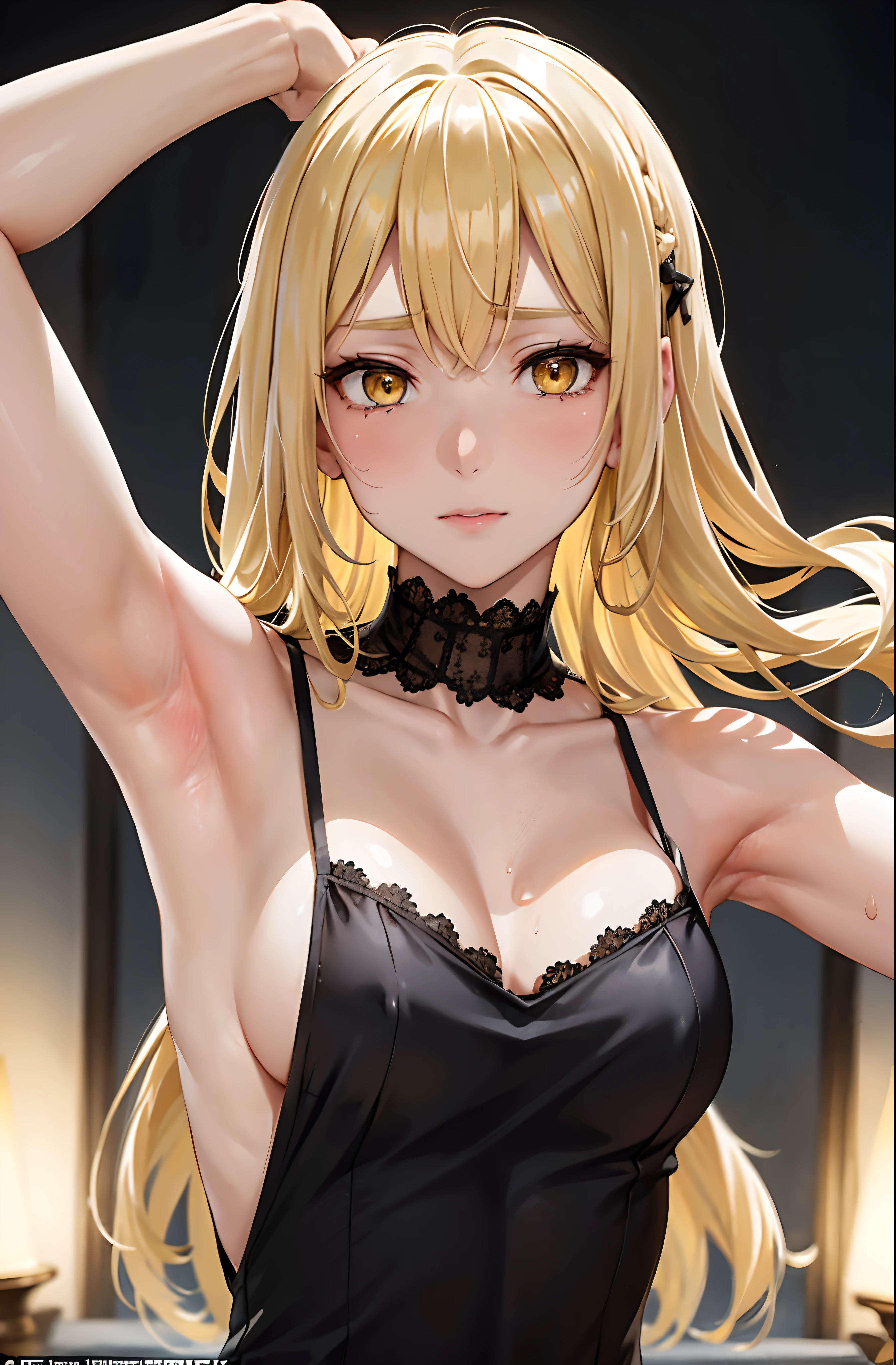 (Behind Wallenstein,Yellow hair,Long hair,Yellow eyes ),Detailed Focus:1.3, masutepiece, Best Quality, 1womanl,Shot from the side of a woman,Slender face,slender physique, Looking at Viewer, Cute, medium breasts, Beautiful detailed eyes, detailed armpit,detailed hairs,embarrassed:04,is crying:0.9,with arms up,Armpit, full of sweat,((Close-up under armpits:1.45)), robe blanche,Late night toilet background, ((mistress, Authority)),Black Dress