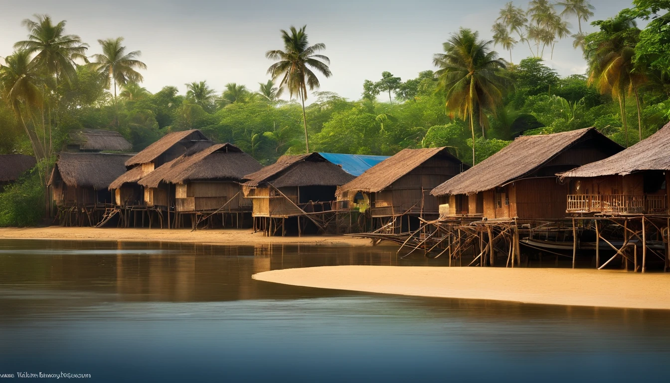 a view of a small village on the banks of a river with a boat in the water and a few, houses on stilts, of a small village with a lake, floating buildings, waterfront houses, flooded fishing village, sparsely populated, building along a river, footbridges between houses, myanmar, movie set”, bamboo huts, mud and brick houses