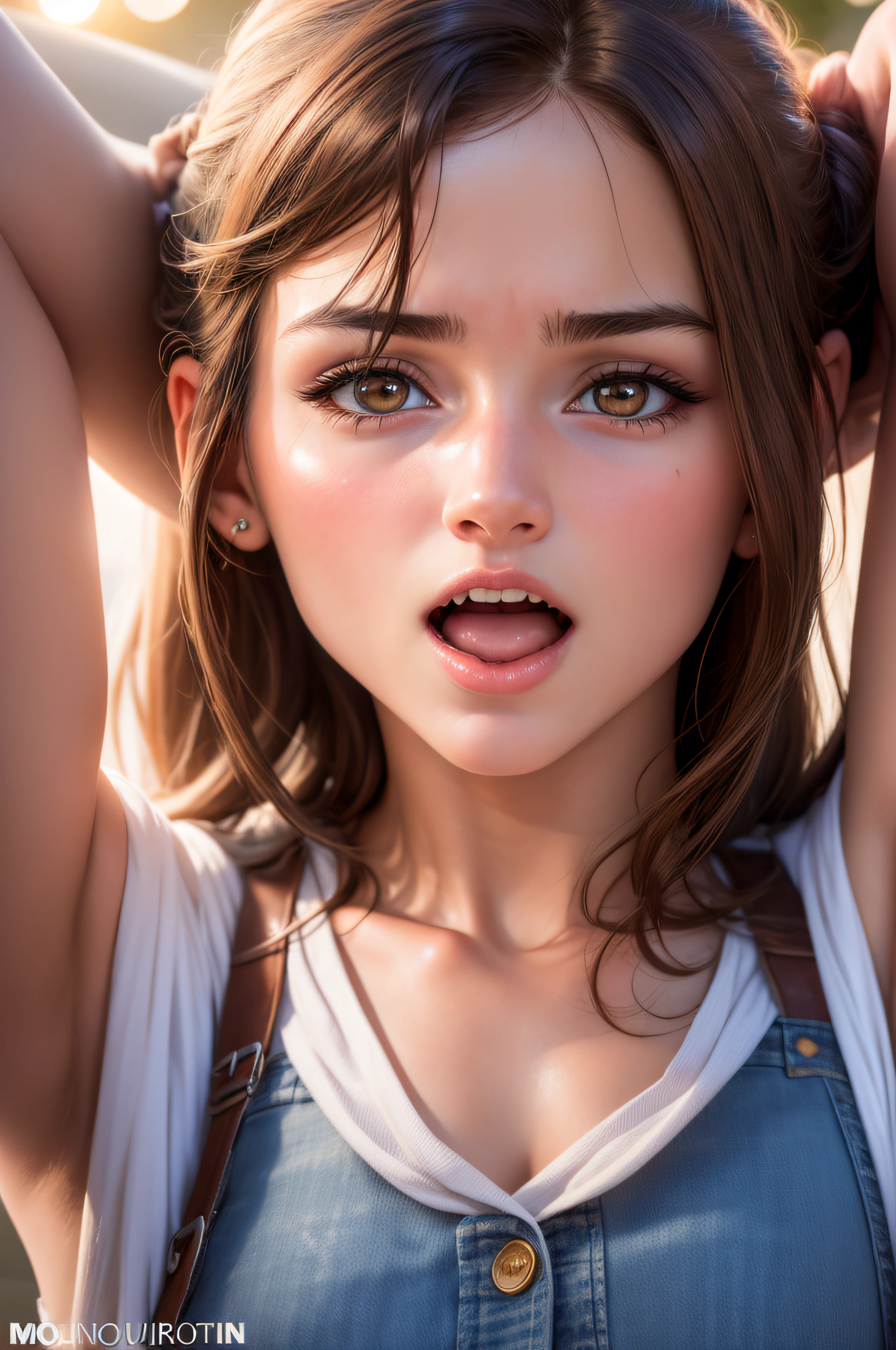 1girl, open mouth, brown hair,  22 year old girl, realistic, perfect skin perfect model face , Scottish , masterpiece , lens flare lighting, real life, detailed facial features ,