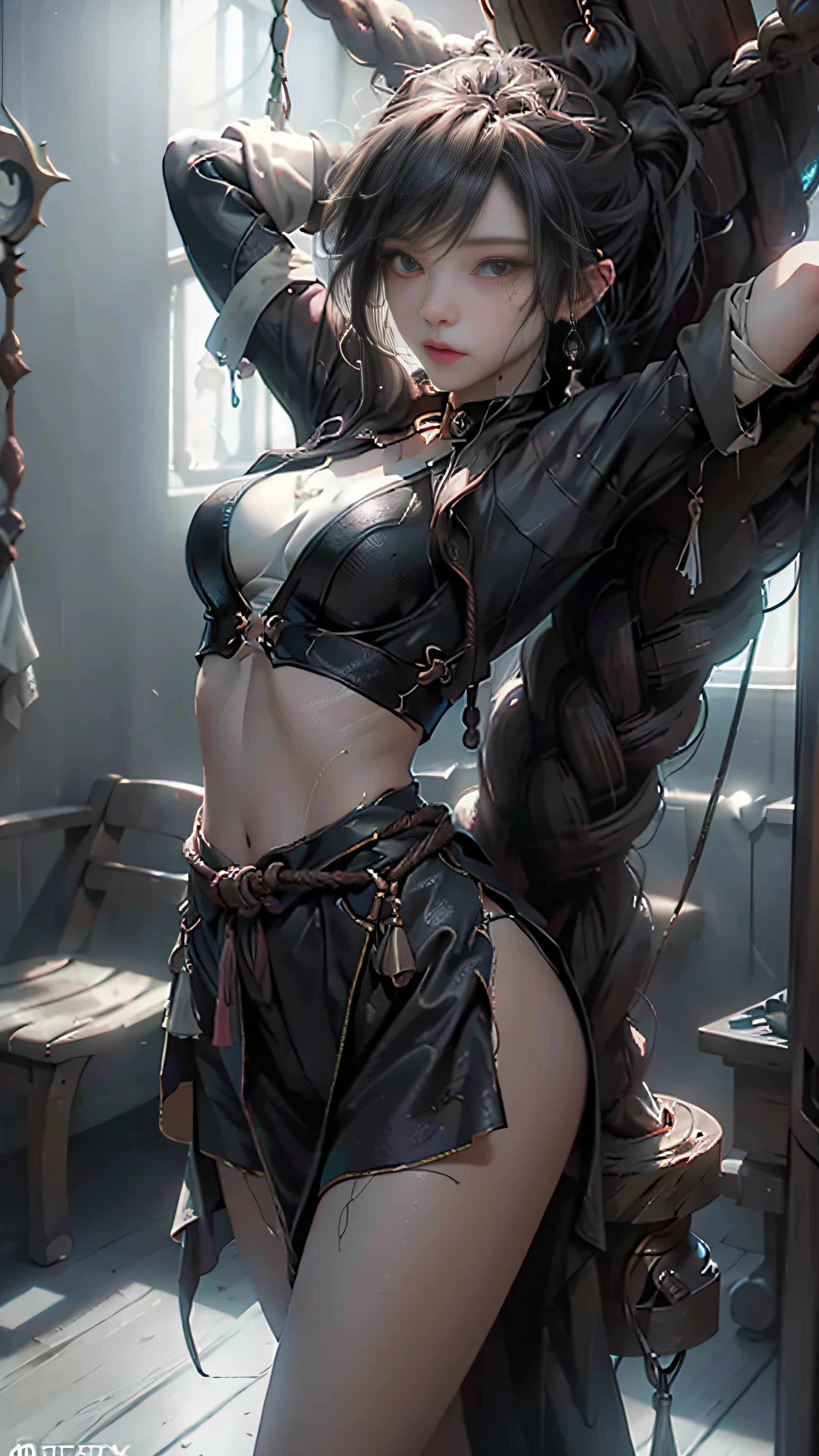 Perfect girl，masterpiece，Ultra-clear quality，Perfect for a girl, alone, white hair, double ponytail, cat ears, blush, open mouth, navel,, (kneeling: 1.3), shackle, (chaili), boundage, (Hand: 1.4), rope, Bind weapons,masterpiece