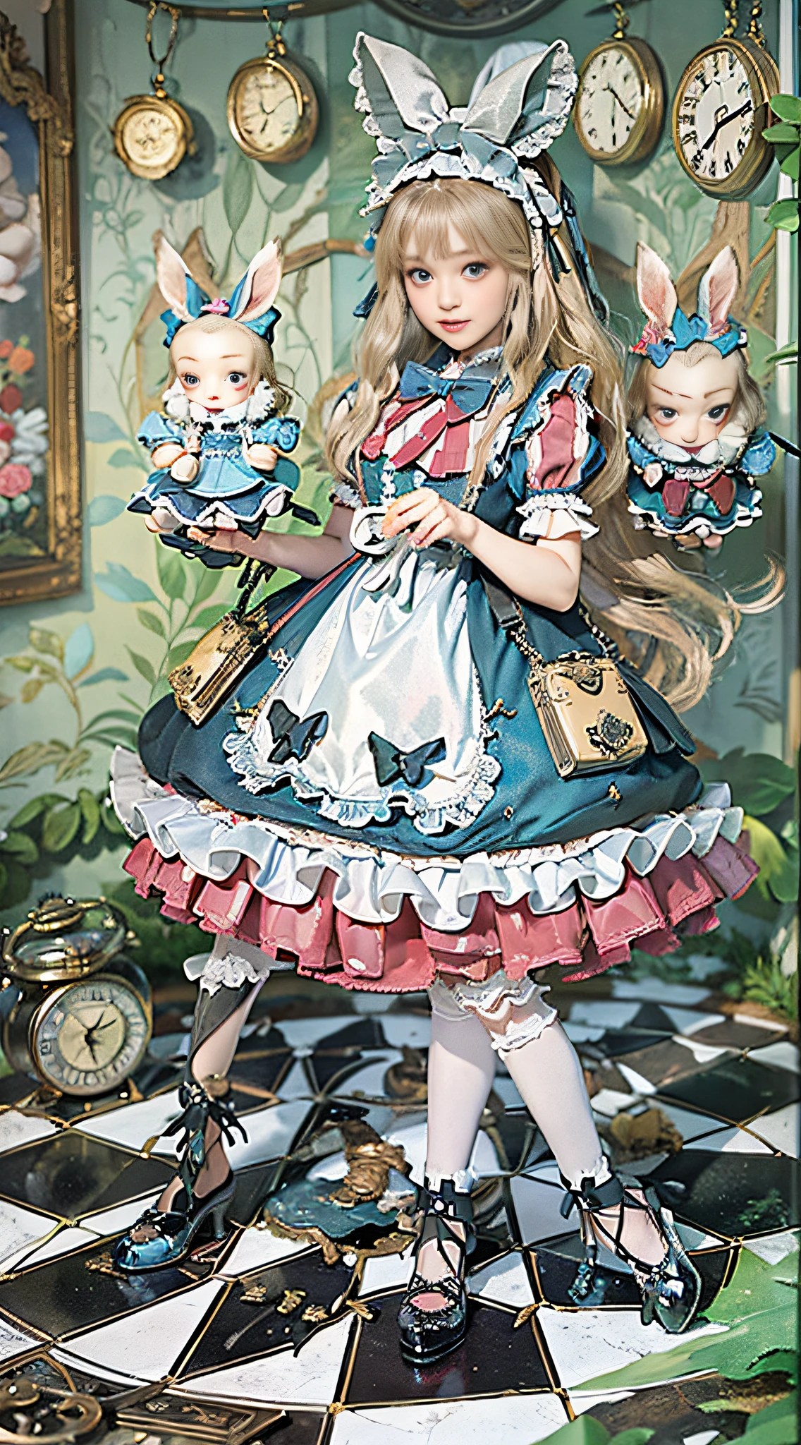(((Masterpiece))), (((top image quality))), (((ultra-realistic depiction))), (((Alice in Wonderland in Gothic Lolita fashion))), (((diorama worldview))), Pocket watches, checkered floors, rabbits in tuxedos, kings and princesses in tramp bodies, poisonous mushrooms, magical lands.
