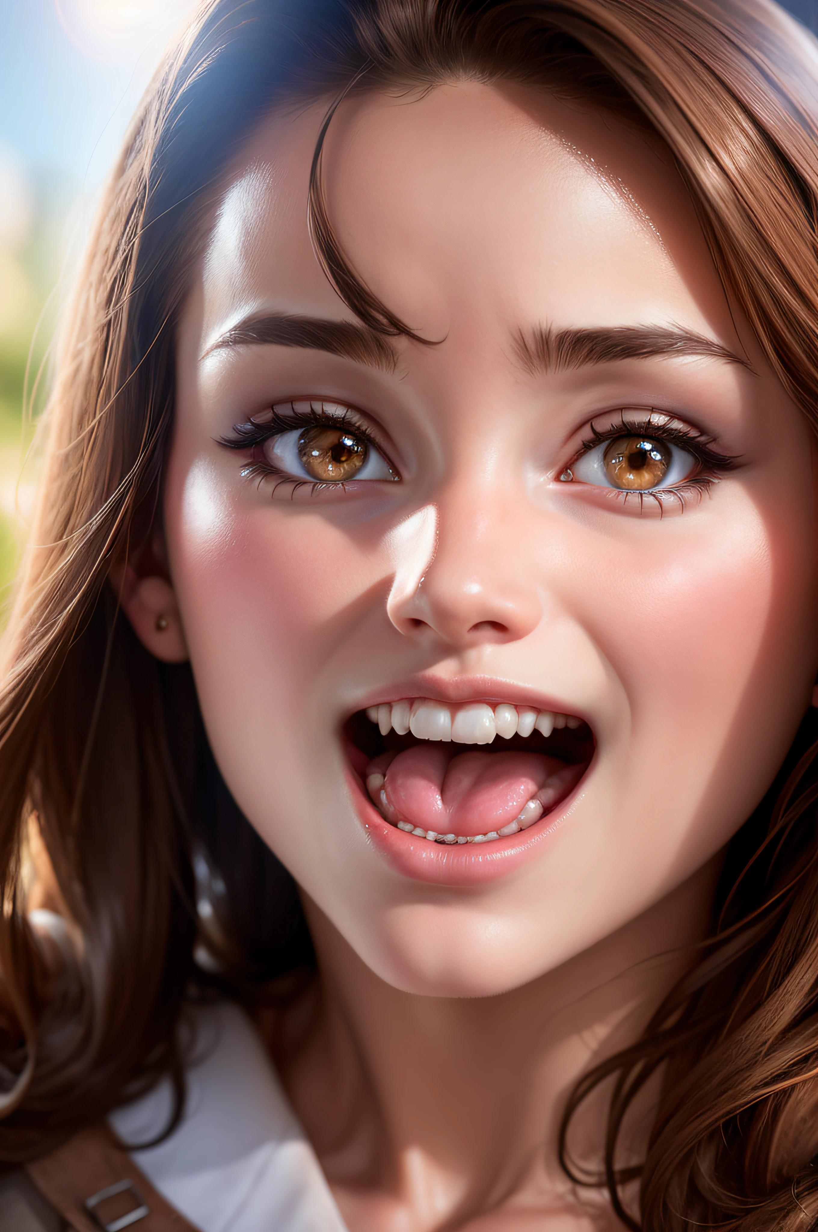 1girl, open mouth, brown hair,  22 year old girl, realistic, perfect skin perfect model face , Scottish , masterpiece , lens flare lighting, real life, detailed facial features ,