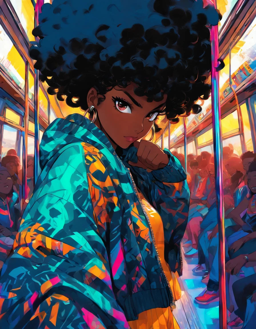 black skin girl, Black power curls, Bus，Simple illustration, Frontal perspective, bold black lines, black girl, Cabello Black Power