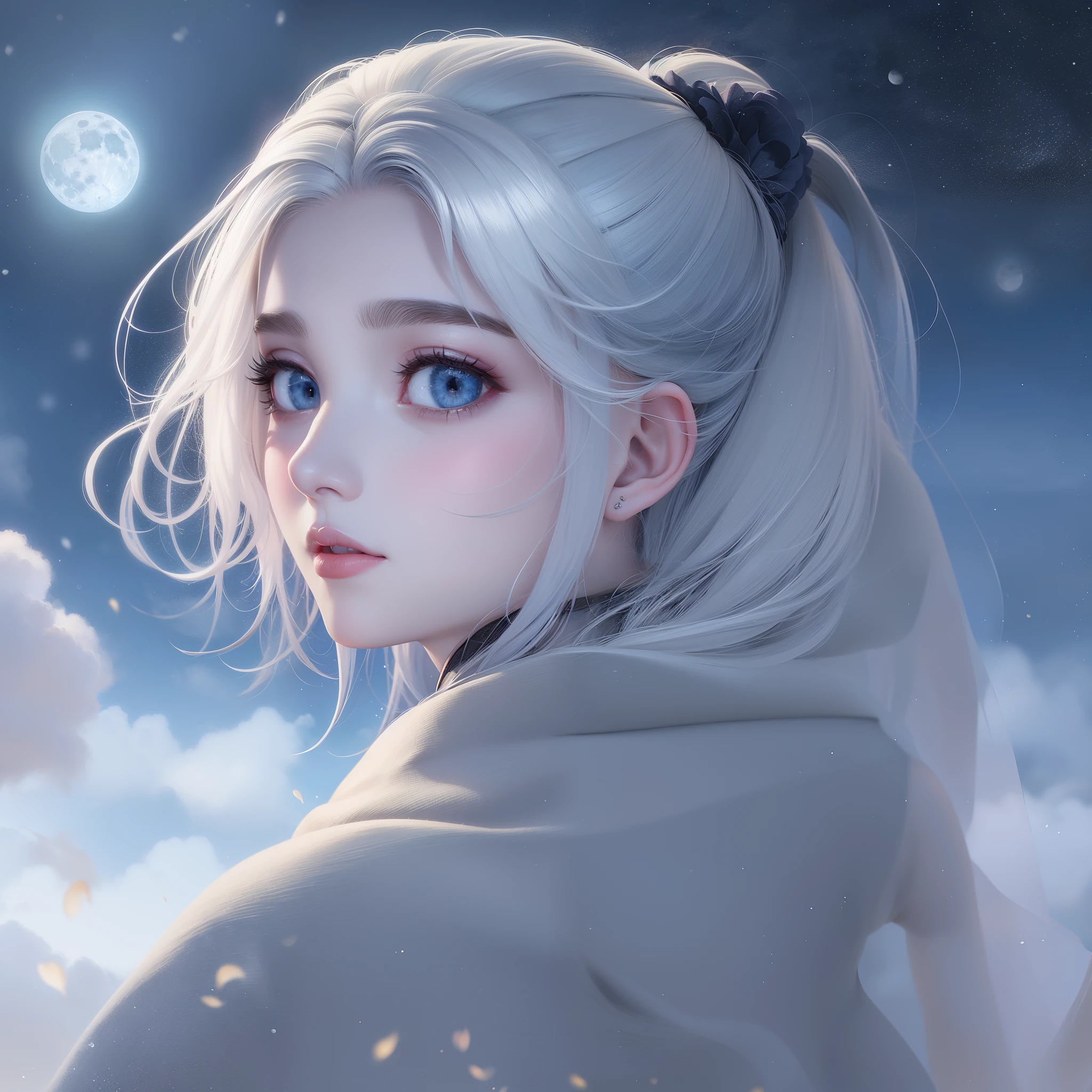 Masterpiece, (Best Quality: 1.2), (Super Fine: 1.2), Illustration, (Extremely Delicate and Beautiful: 1.2), Film Angle, Floating, (Beautiful Detail Eye: 1.1), (Detail Light: 1.1), Film Lights, Delicate Sky, Woman, White Hair, Blue Eyes, (High Ponytail: 1.1), Cloak, Glowing Eyes, (Moon: 1.2), (Moonlight: 1.1), Starry Sky, (Light Particles: 1.1), Fog , snow painting, sketching, blooming