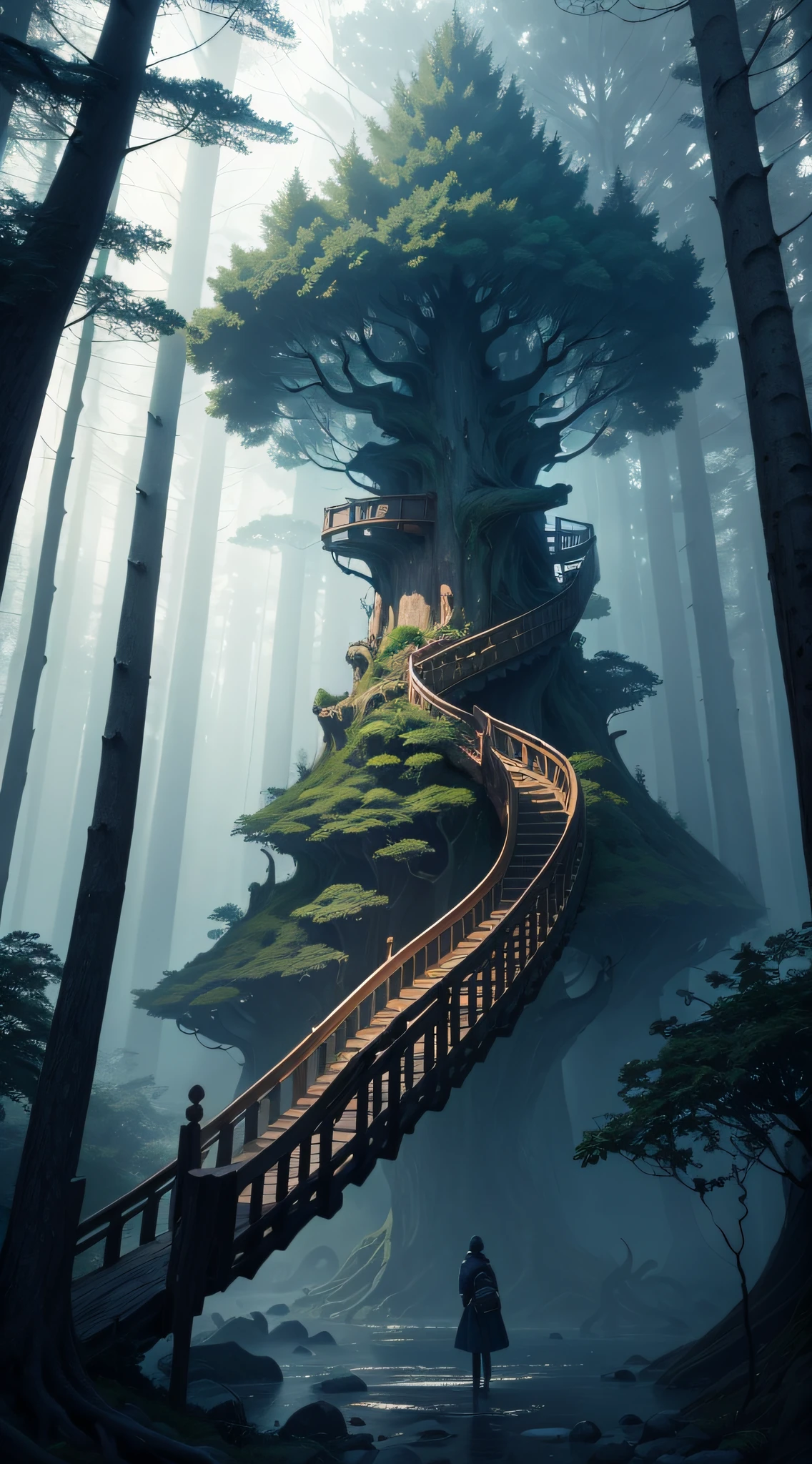 A large tree stood in the deep forest, 、The tree has a spiral-shaped ladder extending upwards.、A secret room made of wood is、It is made to hang on a large branch at the end.。There was a light fog in the slightly dimly lit forest..、It has a bewitching atmosphere。Make nice pictures of such landscapes。, From below, F/2.8, 35 mm, Sony FE, nffsw, retinas, masutepiece, ccurate, Textured skin, Super Detail, high details, High quality, awardwinning, Best Quality, hight resolution, 1080p, hard disk, 4K, 8K