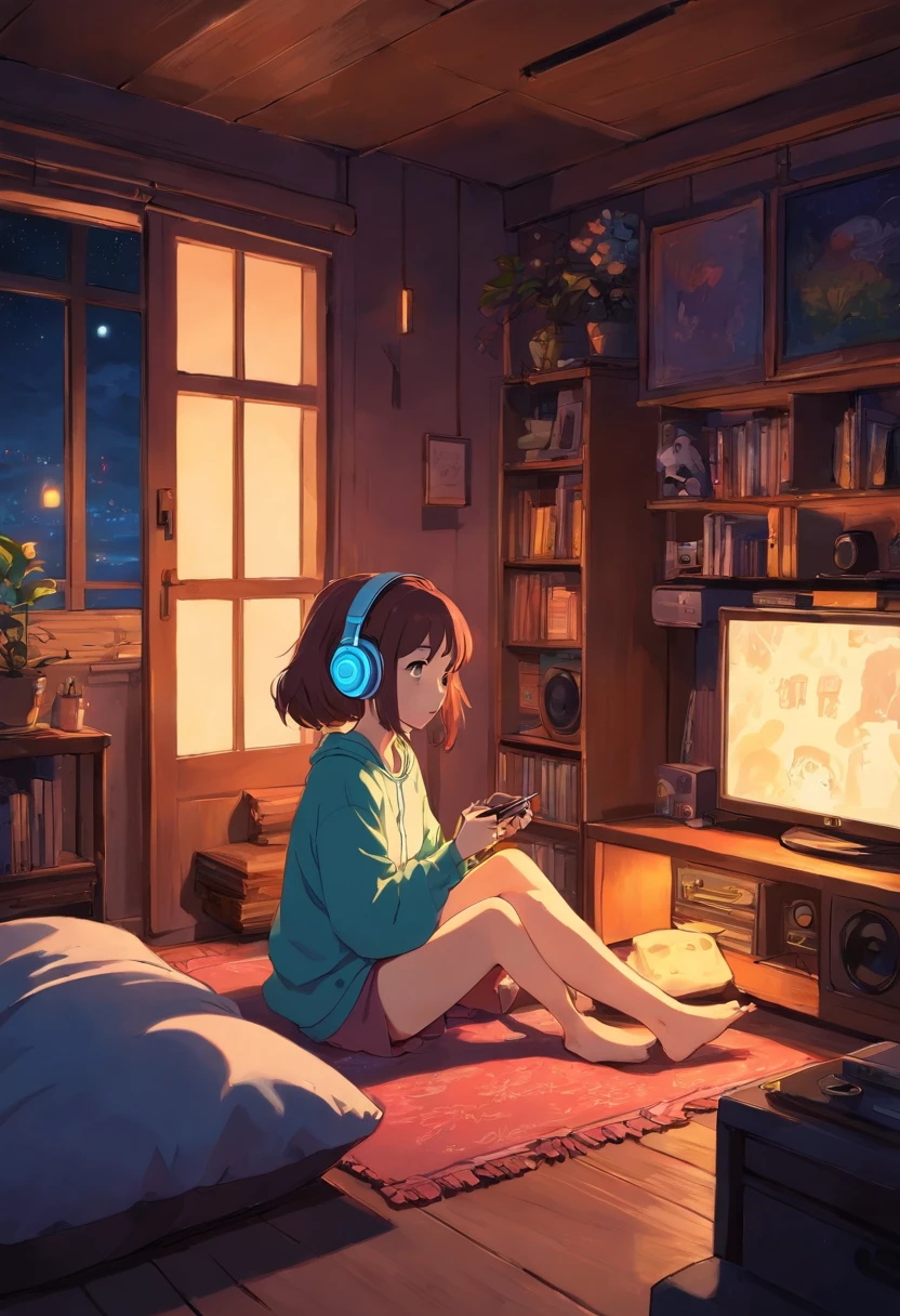 Girl listening to music in cozy room at night, Use headphones, 2D style anime, lo fi, hard disk, dark environment