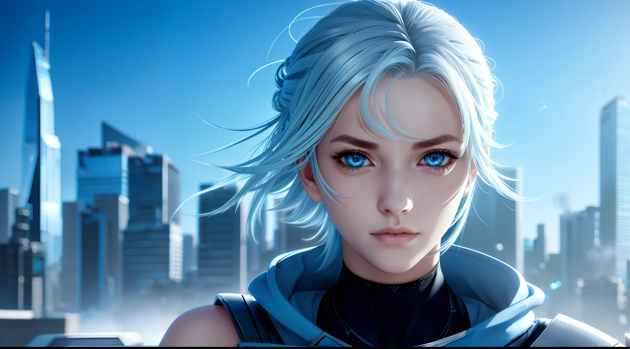 jett valorant, focused upper body, 1 girl, wearing blue ninja outfit, sparkling blue eyes, silver hair, highrise building background, nice perfect face with soft skin, intricate detail, 8k resolution, masterpiece, 8k resolution photorealistic masterpiece, professional photography, natural lighting, detailed texture,