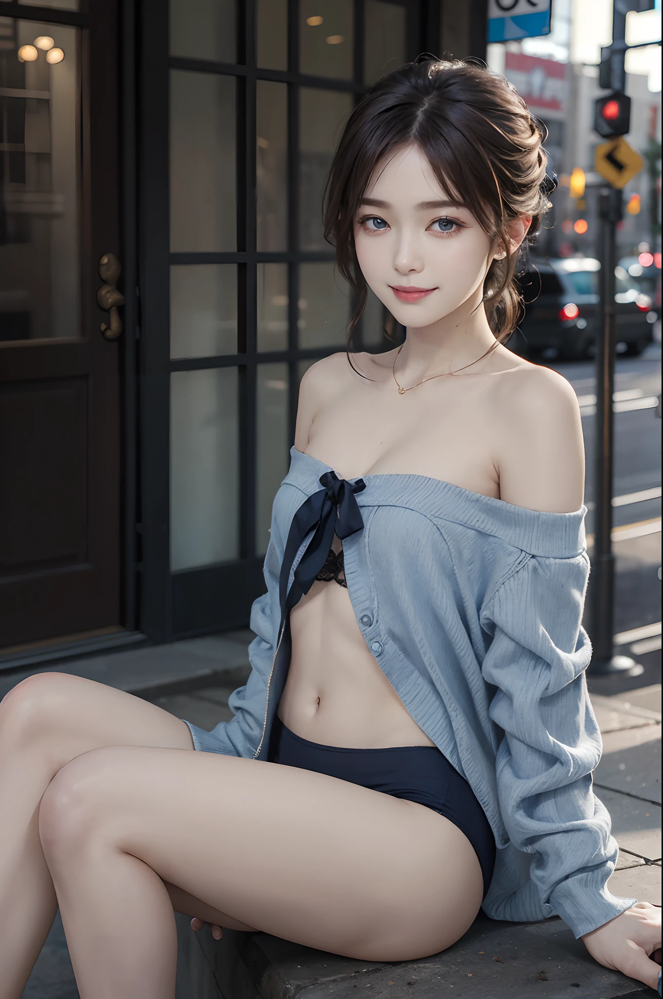 ((top-quality、masterpiece:1.3))、((Russian beauties))、1 female:2.0、18year old、Colossal tits:1.3、Slender body type:1.1、Toned abs、Brown hair、short-cut、Detailed lips、detailedeyes、二重まぶた、blue eyess、wide Shots、(Raw photography、top-quality)、(realisitic、Photorealsitic:1.3)、top-quality、masterpiece、extremely delicate and beautiful、extremely details CG、 absurderes、A smile、Erotic face、Street、Fours、Slouched、Nokezoru、Brown Off-Shoulder onepiece、Banzai、Strong smile、Small underwear、model poses、Looking to the right