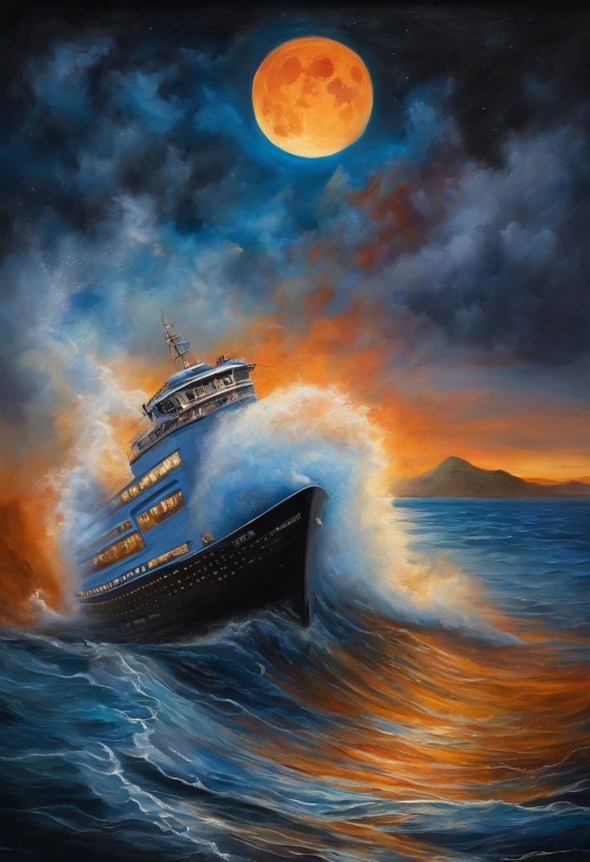 ultra-realistic three-dimensional acrylic painting on black canvas, a massive tidal wave engulfs a cruise boat in ocean fury, in imminent destruction, scene is beautiful and horrifying under the orange moon, 3D/2D mash-up, quad exposure, vibrant oceanic colors under a black light effect. 8K resolution, 3d volumeric light, precision and details, (breathtaking) . award-winning, professional, highly detailed