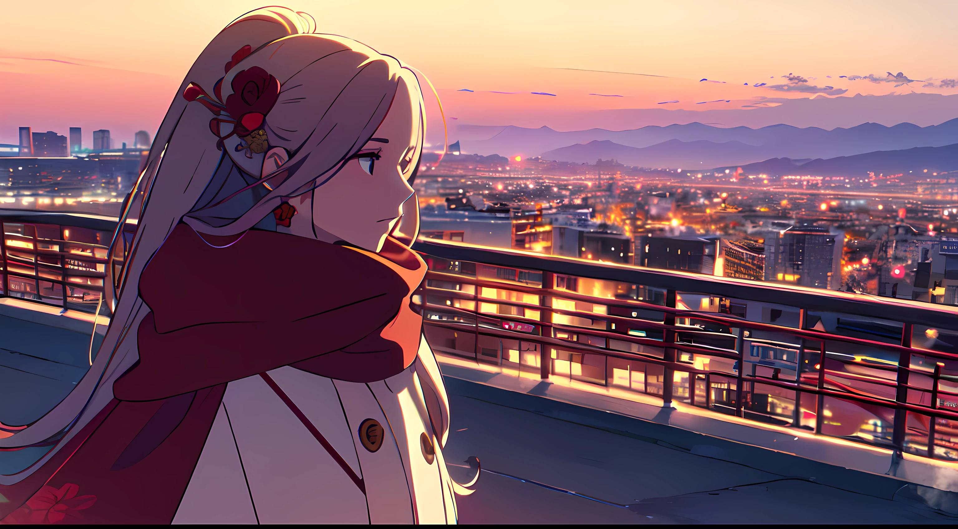 masterpiece, best quality, 1lady, solo, very long white hair, blowing hair, (red flower hair ornament), earrings, maroon winter coat, blowing scarf, behind view, close up, sunset scenery, city
