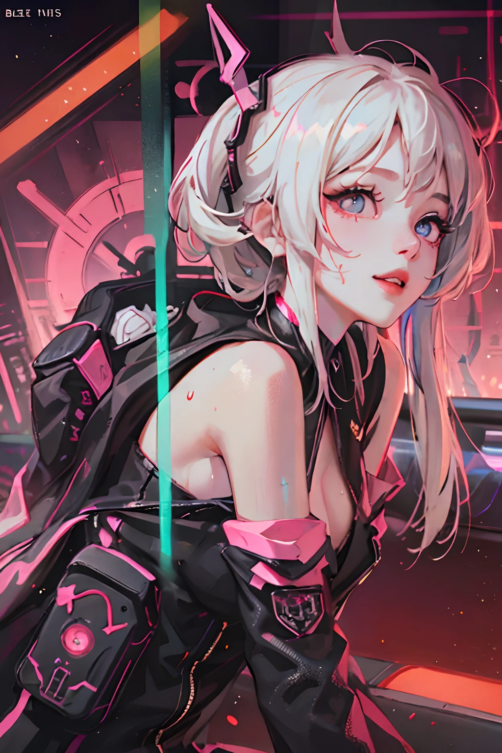 1girl in)、(Plump beauty)、(30-years old)、(Very long hair)、(Top image quality)、(8K picture quality)、(cyberpunked)、(masutepiece)、 (Flickering of light)、(Wear a cyberpunk hooded military uniform)、(Picture of me driving a motorcycle:1.5)、(confident grin:1.2)、(Full body photo)、cinematric light, Cinema Shadow, Sharp Image, Extremely detailed, Volumetric, Bright sprites, particles effect, beautiful effects, Vivid colors, neons, Neon light, Highly detailed image textures, detailed hairs, Detailed face, Detailed eyes, Full body photo, city、Dark hair、Eyes glow、Photo from the knee up、beautiful effects, Vivid colors, Highly detailed image textures, detailed hairs, Detailed eyes,(Cyberpunk cityscape)、femele(30-years old) , (de pele branca:1.7)、 (White hair)、(two swords)、Bare shoulders, Double eyelids, Parted lips,Solo,(cleavage)、delicate and sexy(鎖骨:1.3), (Shiny skin:0.8),(masutepiece:1.4),(Best Quality:1.4),glossy red lips, Perfect Abs, Wet(full of sweat)、low angles, (from below angle), High detailed skin, Skin pores,(Pink neon lights from the building)