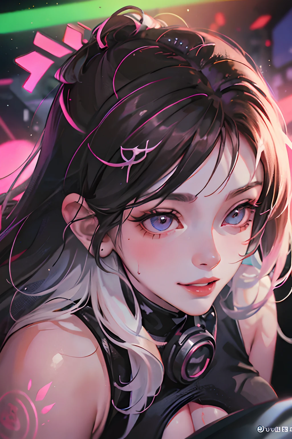 1girl in)、(Plump beauty)、(30-years old)、(Very long hair)、(Top image quality)、(8K picture quality)、(cyberpunked)、(masutepiece)、 (Flickering of light)、(Wear a cyberpunk hooded military uniform)、(Picture of me driving a motorcycle:1.5)、(confident grin:1.2)、(Full body photo)、cinematric light, Cinema Shadow, Sharp Image, Extremely detailed, Volumetric, Bright sprites, particles effect, beautiful effects, Vivid colors, neons, Neon light, Highly detailed image textures, detailed hairs, Detailed face, Detailed eyes, Full body photo, city、Dark hair、Eyes glow、Photo from the knee up、beautiful effects, Vivid colors, Highly detailed image textures, detailed hairs, Detailed eyes,(Cyberpunk cityscape)、femele(30-years old) , (de pele branca:1.7)、 (White hair)、(two swords)、Bare shoulders, Double eyelids, Parted lips,Solo,(cleavage)、delicate and sexy(鎖骨:1.3), (Shiny skin:0.8),(masutepiece:1.4),(Best Quality:1.4),glossy red lips, Perfect Abs, Wet(full of sweat)、low angles, (from below angle), High detailed skin, Skin pores,(Pink neon lights from the building)