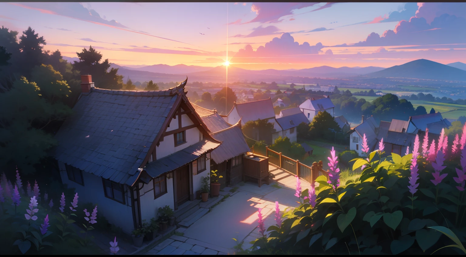 At the edge of tranquility, Azure Lake、It is a picturesque village surrounded by rolling hills and vibrant flower fields. The quaint cottage is decorated with blooming vines, Eta、A charming stone bridge across the tranquil sea, Connecting the Village with the Green Village, Untouched forest. The air is filled with the sweet aroma of wild herbs, And as the sun goes down, The sky turns into a warm orange canvas, pink there, and purples, Cast a magical glow on idyllic scenes. It is a calm and enchanting view that captivates the soul. Super masterpiece, 8K, Best Quality, Ultra-detailed, Cinematic and beautiful lighting, Intricate details, Looking at Viewer, depth of fields,natta,Fantastic view at night