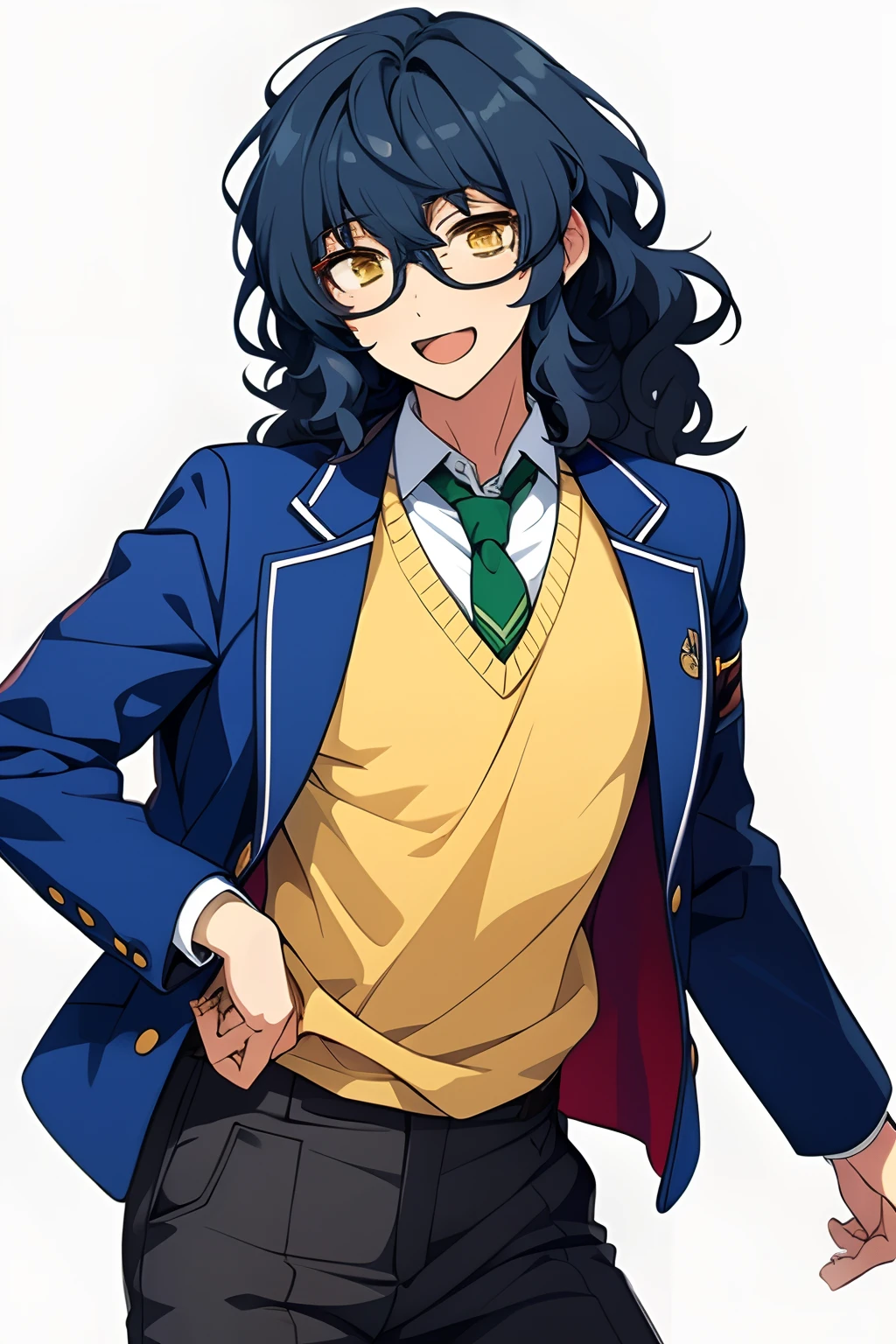 tsumugi aoba, solo, glasses, necktie, male_focus, 1boy, blue jacket, school_uniform, green neckwear, blazer, yellow_eyes, smile, shirt, open_mouth, black hair, bangs, long sleeves, wavy_hair, cowboy shot, simple