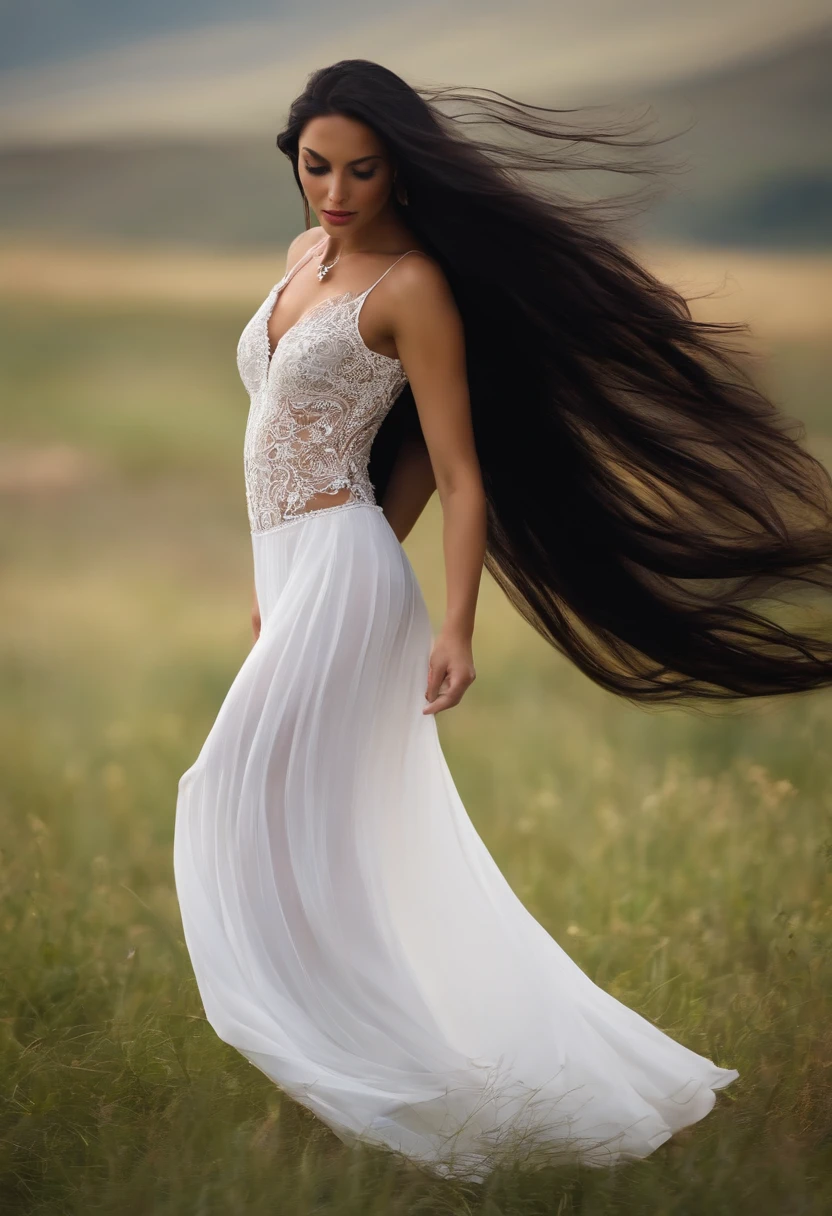 A beautiful Caucasian woman, 45 years old. triangular face, long black hair flying in the wind, intelligent and determined look, full body, large breasts, dark skin, naked, naked, without clothes, feeling of energy, disposition, Cinematic: color image