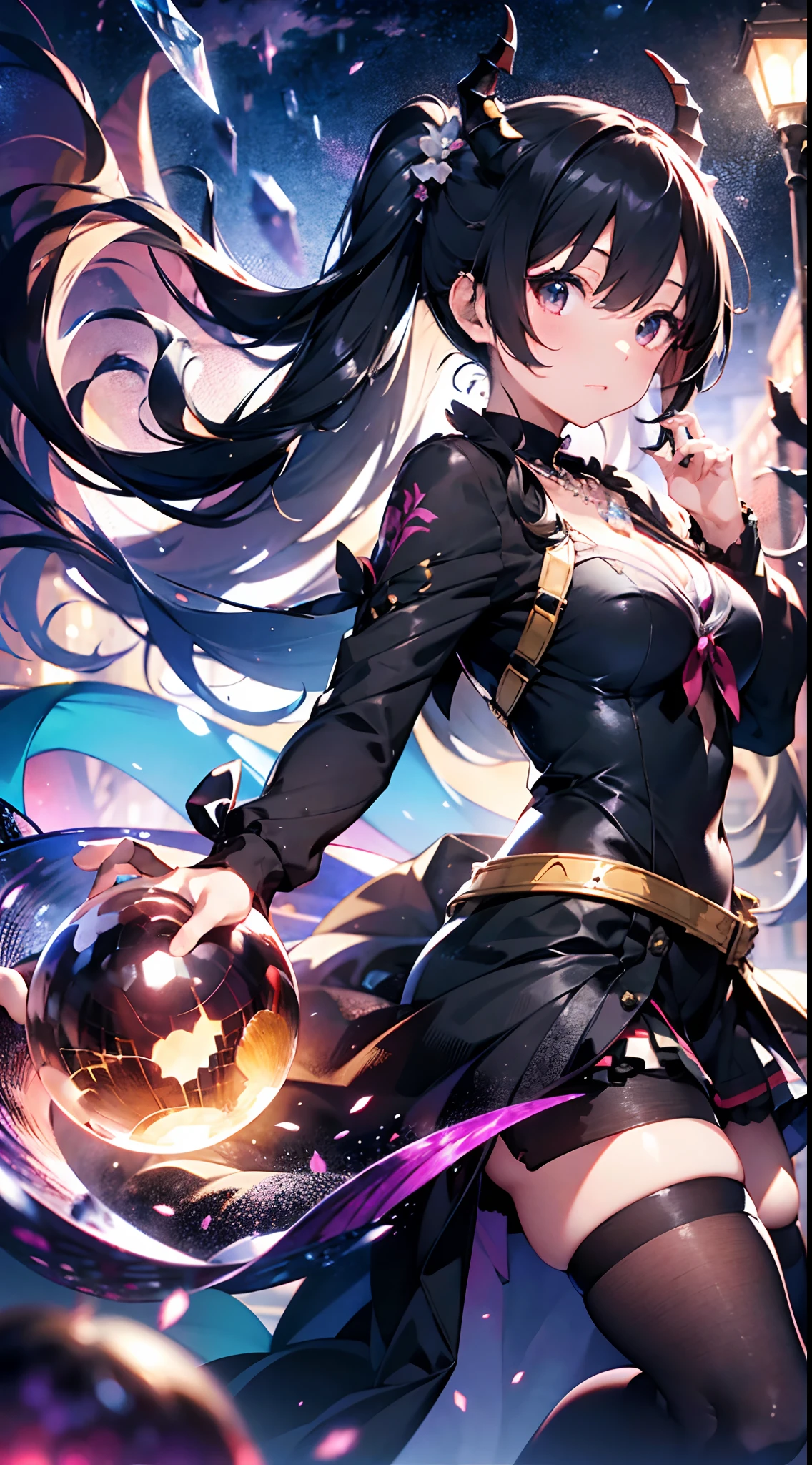 Stand from the side、Transparent crystal ball、chies、crystal necklace、First old age、Close both eyes。(((masutepiece))),((ultra-detailliert,Best Quality, hight resolution, 8K Wallpaper, Beautiful clothes,))eyeshadows, eye line,35-year-old girl。goddes、black robes。Black hair、Very long hair、Uphair。perm。Have a big crystal ball。Princess hairstyle Full body black Fight bravely Fight in maid clothes dyed black all over her body It is an adult female with dragon horns and tail。 Alley at night in the background