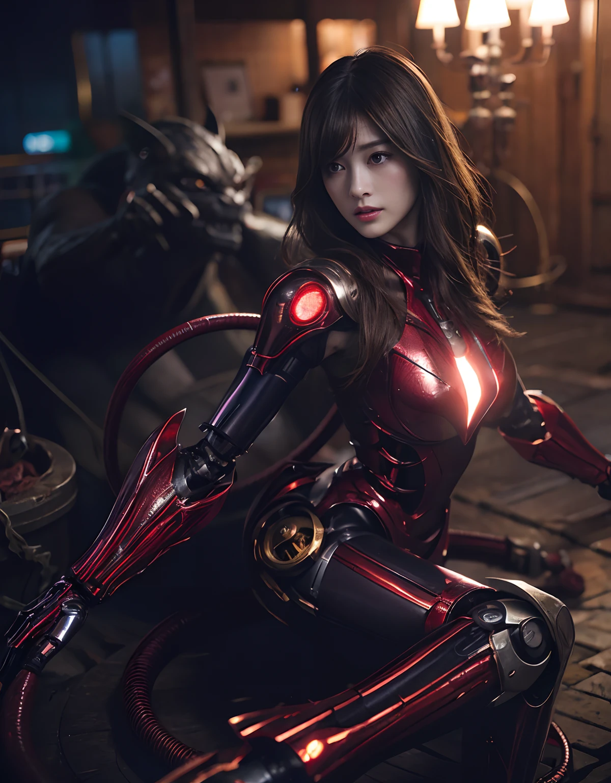 (1 Mechanical Girl)、top-quality、masterpiece、超A high resolution、(Photorealsitic:1.4)、Raw photo、女の子1人、Golden hair、glowy skin、(((1 Mechanical Girl)))、With a beautiful knife、(Red Metal Bodysuit)、(beautiful forest background)、Precipitous cliffs、(Small LED)、((super realistic details))、portlate、globalillumination、Shadow、octan render、(One-Eyed Scouter)、8K、ultrasharp、Colossal tits、Raw skin is exposed in cleavage、metals、Details of complex ornaments、Japan details、highly intricate detail、Realistic light、CGSoation Trends、Red Eyes、radiant eyes、Facing the camera、neon details、(Mechanical limbs)、(blood vessels connected to tubes)、Mechanical vertebrae attached to the back、mechanical cervical attaching to neck、(Wires and cables connecting to the head)、Gundam、Small LED、,Mechanical thighs、Toostock、(Hands are also made of machines)、(Please wear a mechanical helmet)、