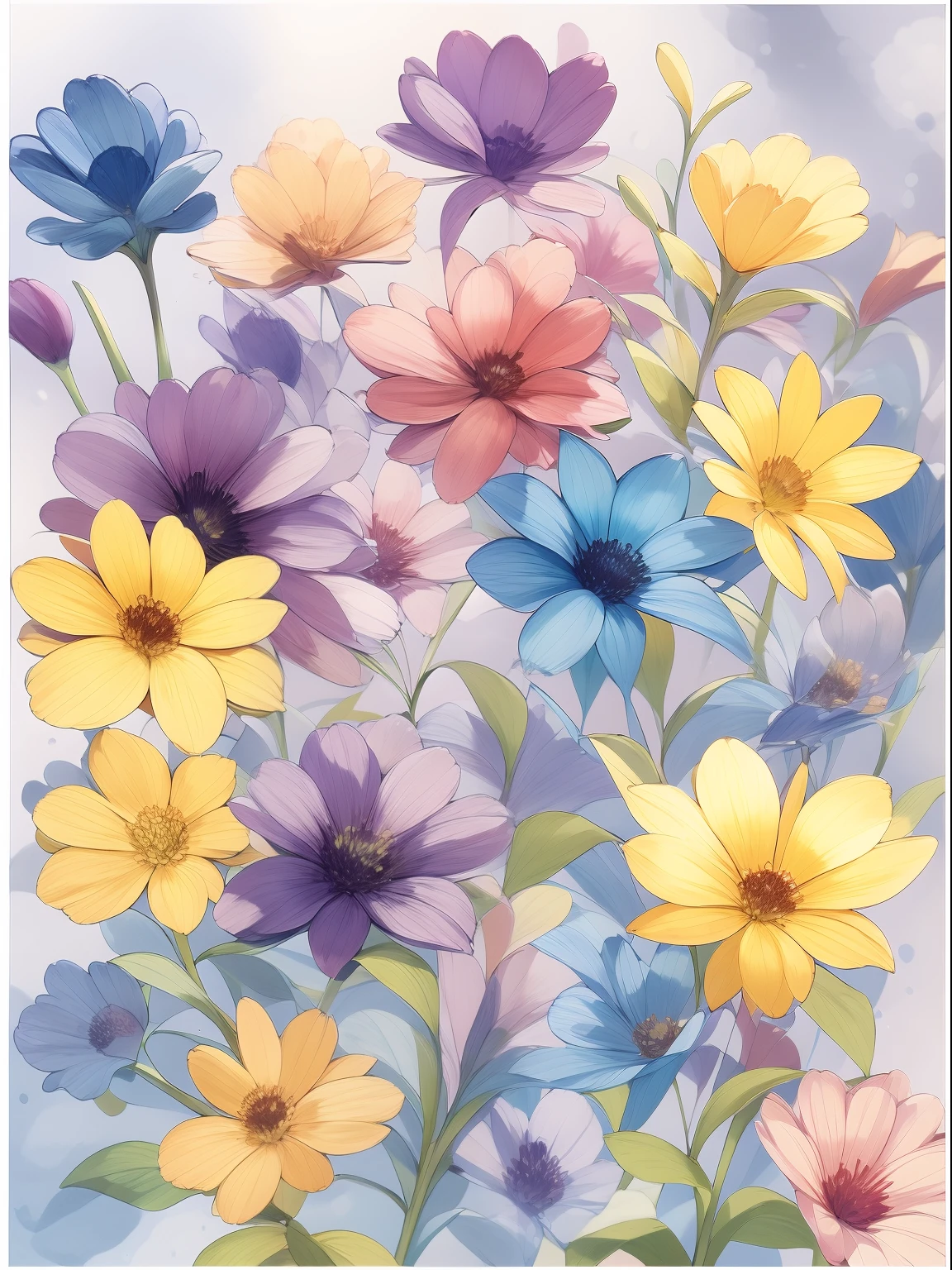 Generate watercolour art , with ars: 293:151 , Many flowers in image , 7 different variation of flowers , with purple, blue ,yellow colour,