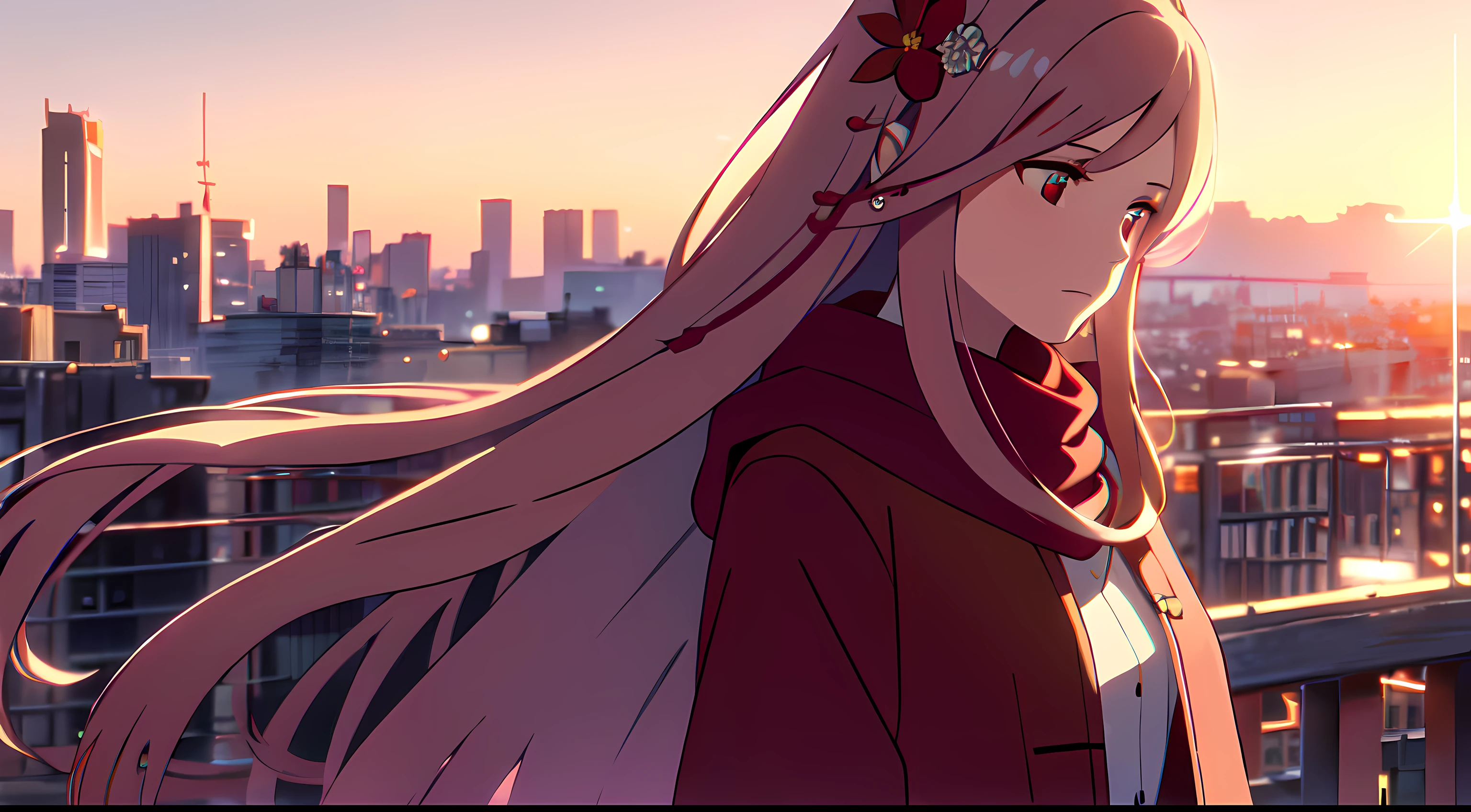 masterpiece, best quality, 1lady, solo, very long white hair, blowing hair, (red flower hair ornament), earrings, maroon winter coat, blowing scarf, behind view, close up, sunset scenery, city