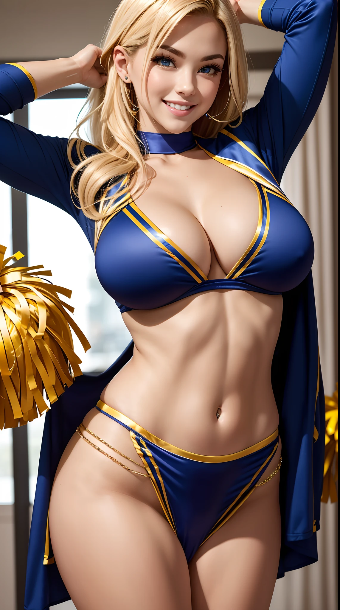 American cheerleader blonde with a perfect body and big boobs and big ass and sexy hips who loves to dance and have fun. Headshot close up of her face showing off her perfect smile. She is trying on different costumes for Halloween