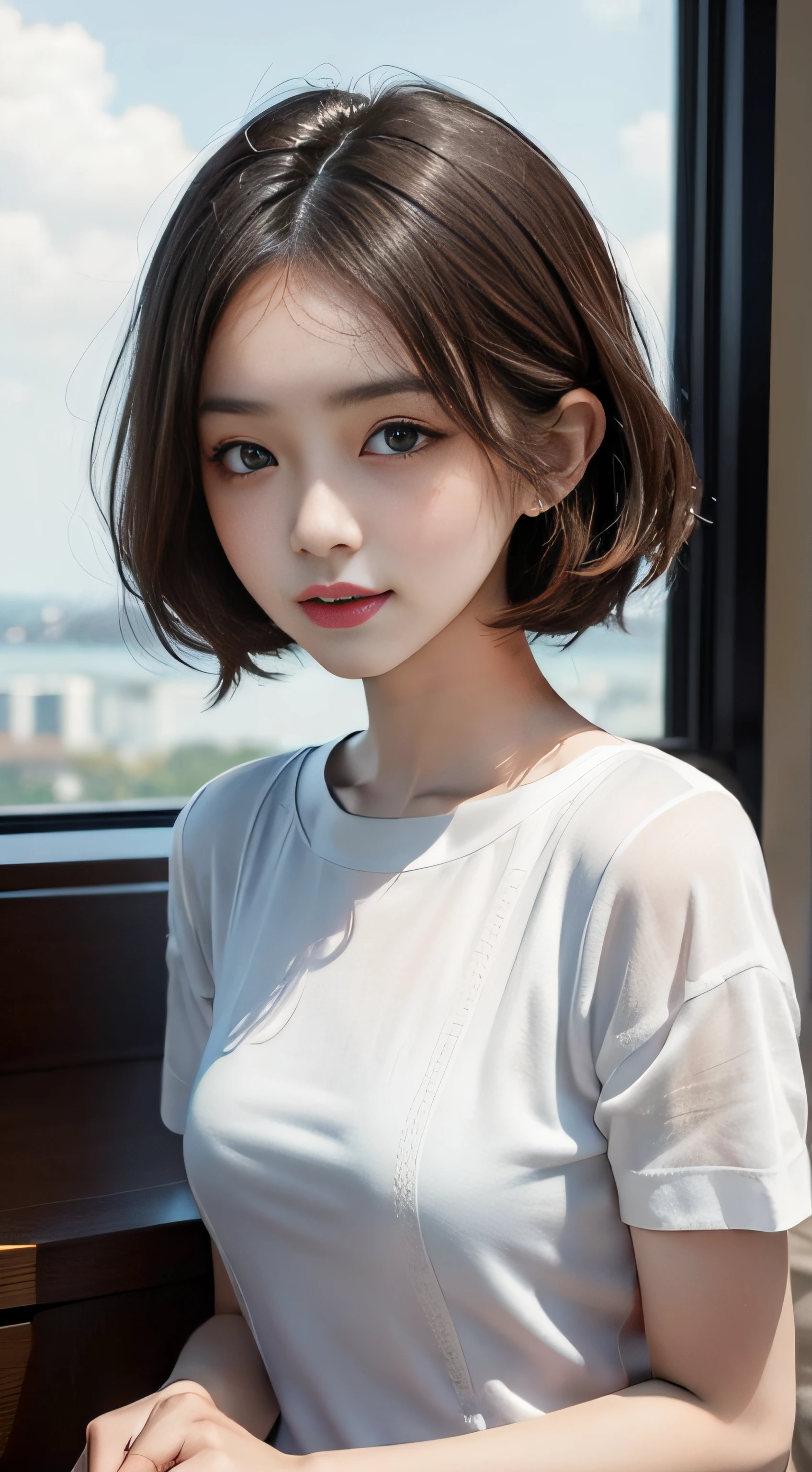 ​masterpiece、Top image quality:1.2、((beautiful young woman with))、Transparent skin:1.2、{A slight smil}、(kawaii)、Short sleeve knit、luxury hotel、depth of fields