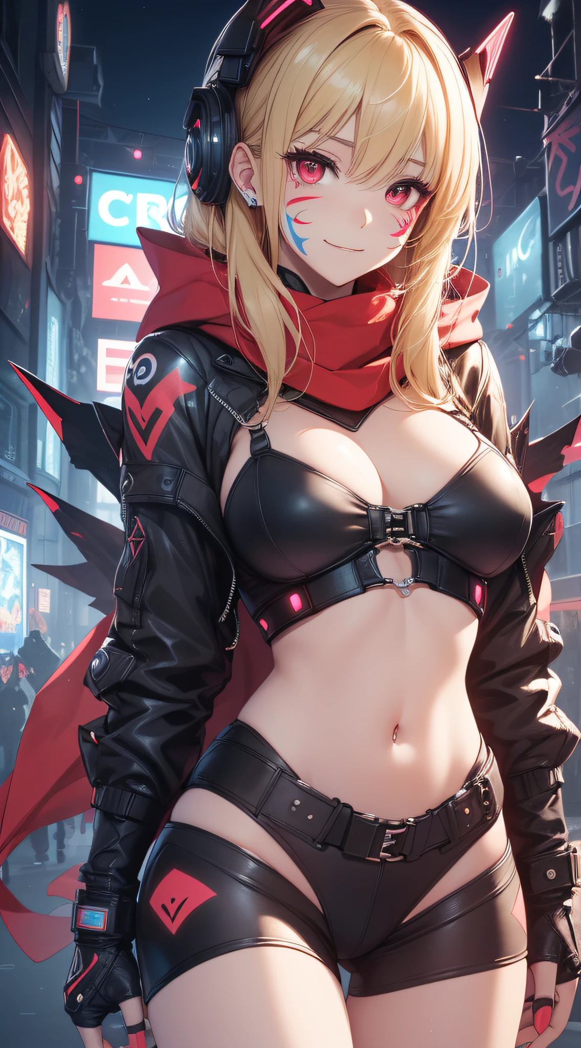 top-quality、Top image quality、​masterpiece、girl with((18year old、Red, Black and blue glowing cybersuit、falda corta、white parka、Best Bust、Bust 90、Blonde Away Tail、Red Eyes、open chest wide、Valley、Happiness、A slender、ssmile、Red Face Paint、Black scarf、Reflecting the whole body、Slouch action)）hiquality、Beautiful Art、Background with((nightcity、cyberpunked、nightclubs))、masutepiece、Elaborate design、visualart、