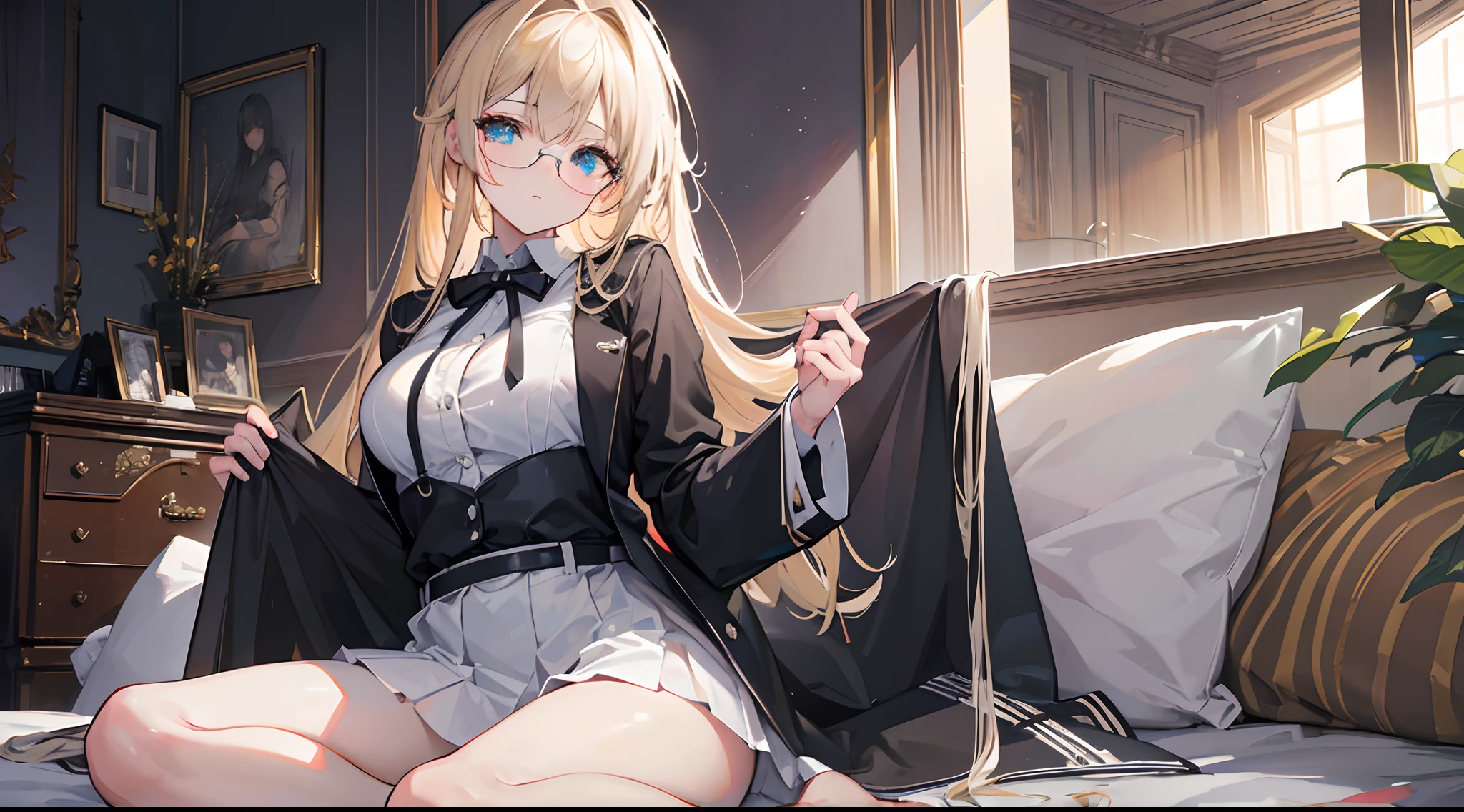(masterpiece, bestquality, ultra-detail:1.3), perfect composition, 10, (Very detailed, hyper detailed), gentle lighting, raw, HDR, 8K Surface, Extreme Detail, high detailed skin texture, Epic Details, high sharpness,18-year-old woman with golden hair, turquoise eyes, long hair Black tie with black ribbon and eye glasses. Wearing a black shirt with white buttons and a long white shirt. Black miniskirt, sitting on the bed.