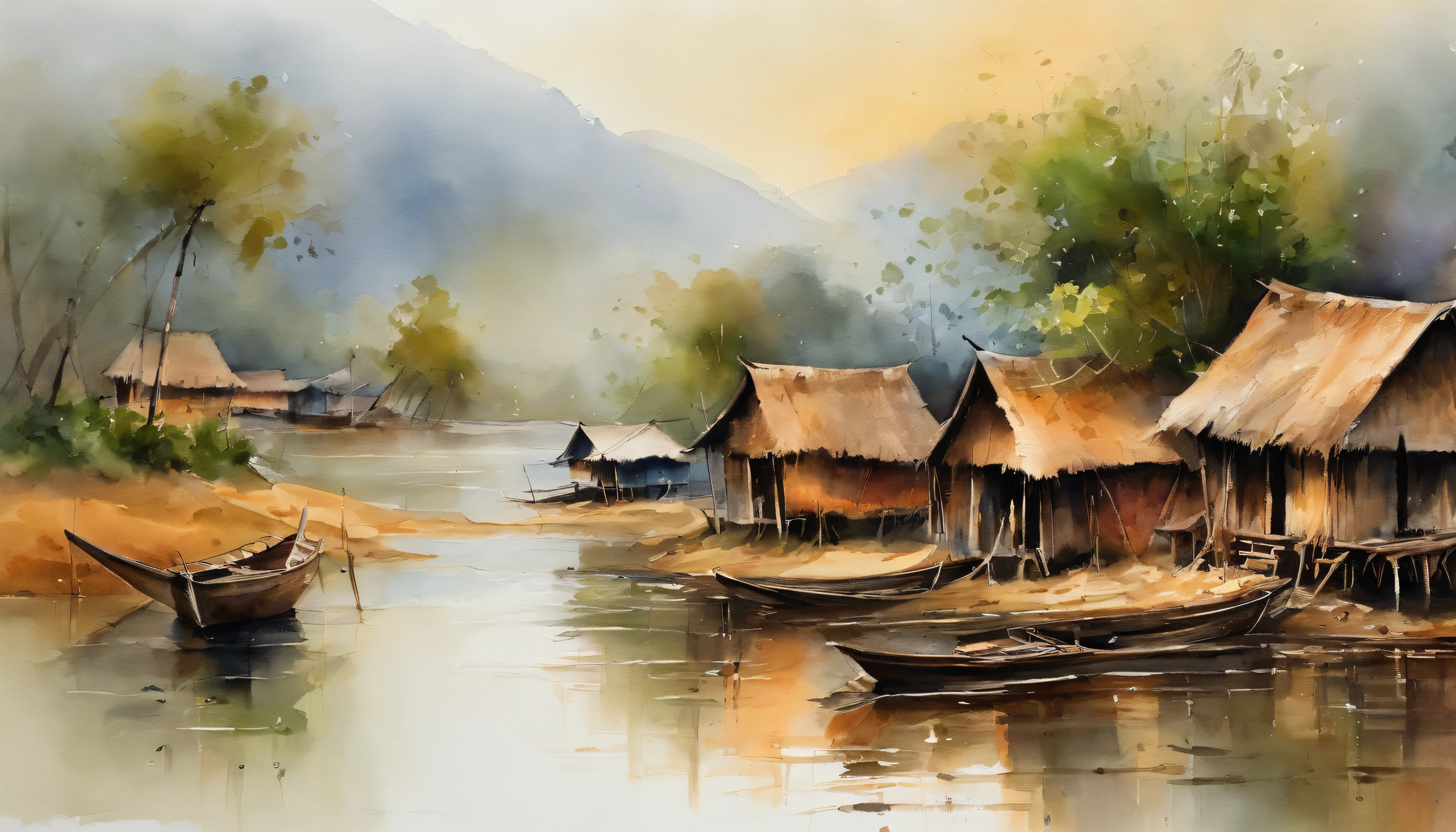 a painting of Inle of MYANMAR, a view of a small village on the banks of a lake with a boat in the water and a few, houses on stilts, of a small village with a lake, floating buildings, waterfront houses, flooded fishing village, sparsely populated, building along a river, footbridges between houses, myanmar, movie set”, bamboo huts, mud and brick houses
