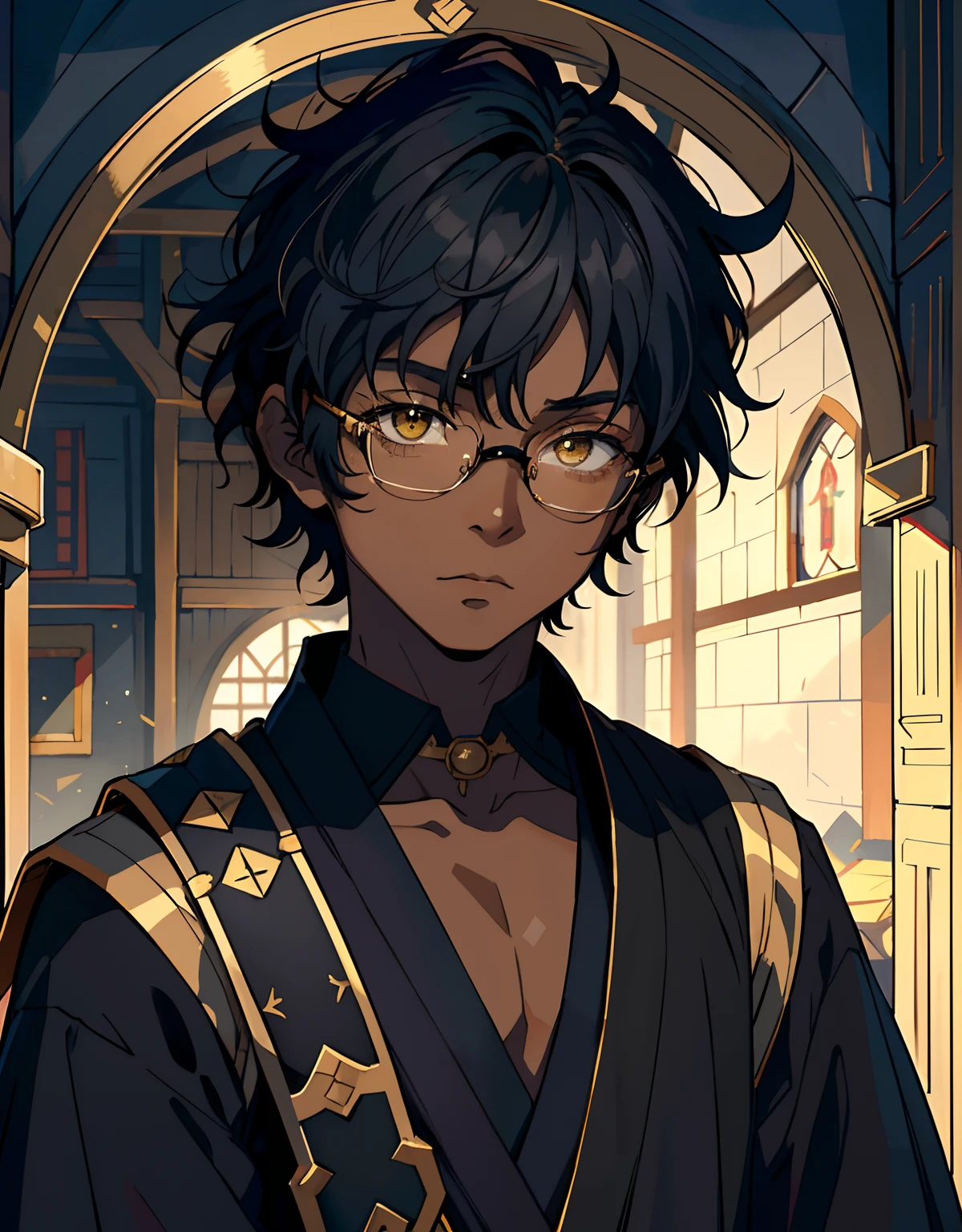 ((masterpiece, best quality)), (1boy, anime boy in medieval style),(shota, little boy, dark skin), (solo), (male focus), (black hair, wavy hair),yellow eyes, glasses, ((black robe)), pale skin, evil, vicious, portraits, close up, upper body, vibrant colors, soft lighting
