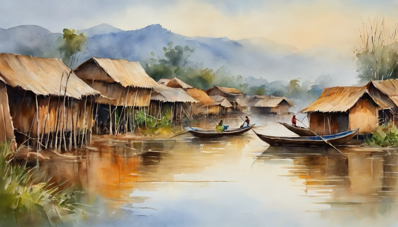 a painting of Inle of MYANMAR, a view of a small village on the banks of a lake with a boat in the water and a few, Long legs houses on stilts, of a small village with a lake, floating buildings, waterfront houses, flooded fishing village, sparsely populated, building along a river, footbridges between houses, myanmar, movie set”, bamboo huts, mud and brick houses