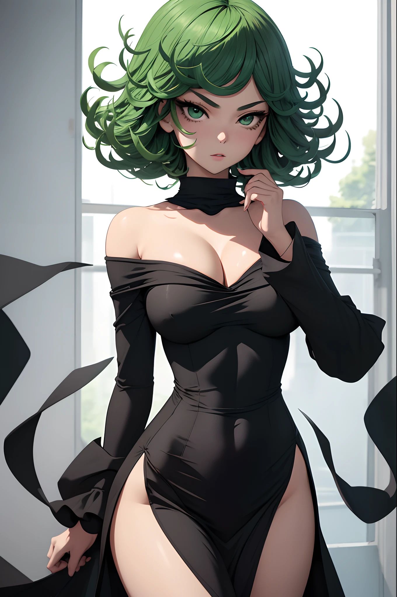 (Masterpiece, Best quality), 1girll, Beautiful face,   tatsumaki, dress, Black dress,Large breasts，cleavage，Off-the-shoulder attire