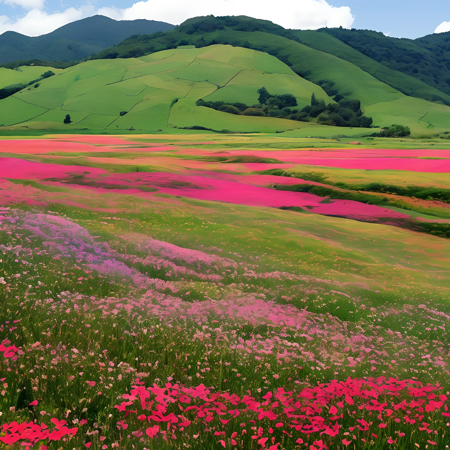 There is a field of flowers with a mountain in the background, Campo de flores cor-de-rosa, an aesthetic field of flowers, Campo de flores, cosmos em segundo plano, flores surreais de waiizi, standing in flower field, standing in a flower field, Campo de flores, Cosmos, Vasto cosmos, flores em primeiro plano, Cosmos em miniatura, Campos de flores, com campos de flores em primeiro plano