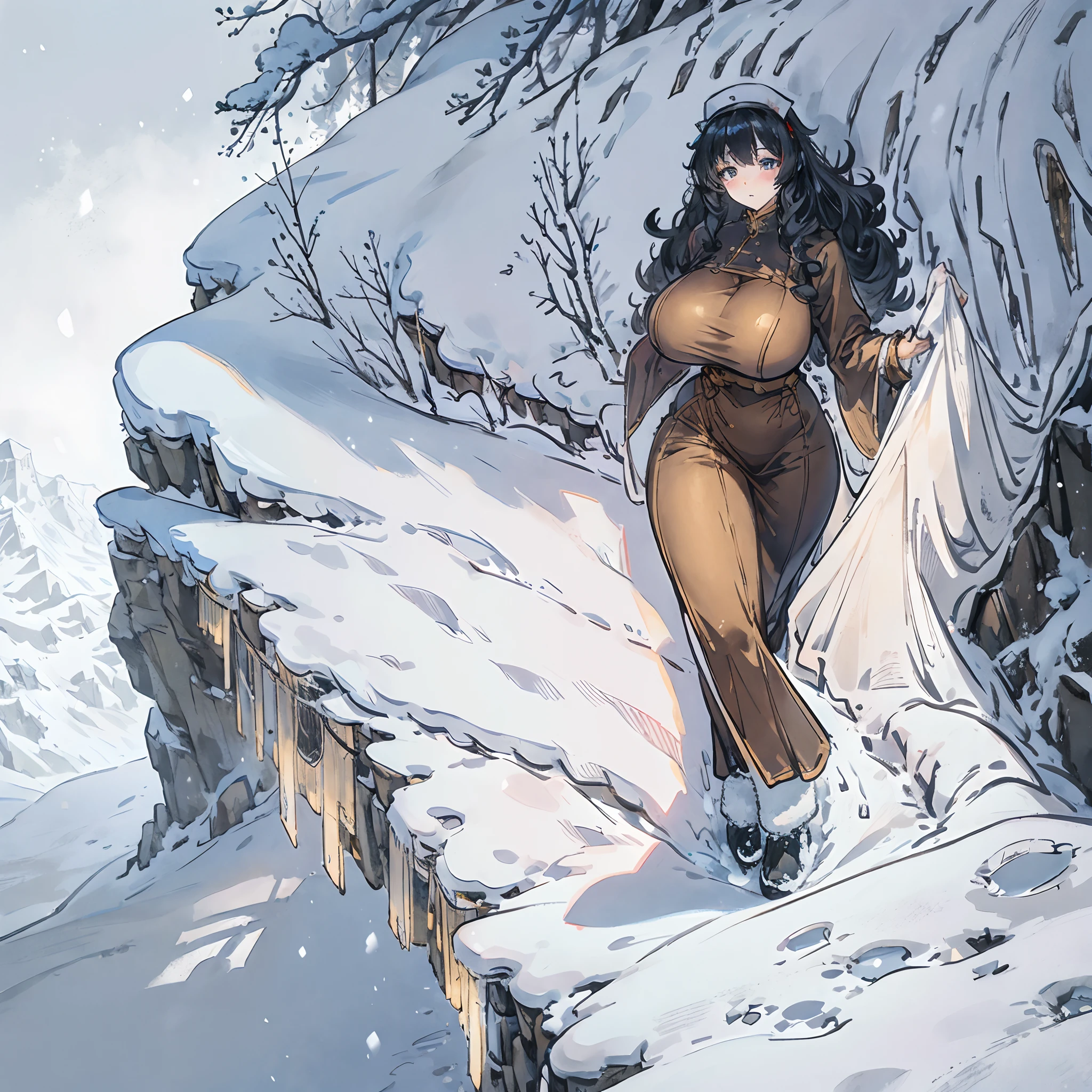 Cabin on a snowy mountain，Winters，Heavy snowfall，The edge of the cliff，(gigantic breasts:1.3)，black pantyhoses，golden curly hair，nurse's outfit