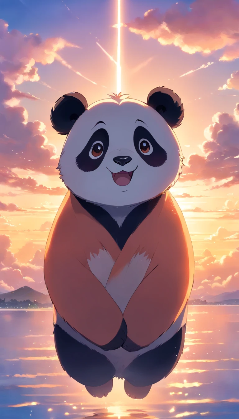 tmasterpiece, best qualityer, cinematic Film still from, 1panda, Panda Cloud, floating into the sky, Close-up, brightly, cheerfulness, Soft lighting and warmth, Sun sunset, (spark of light: 0,7)