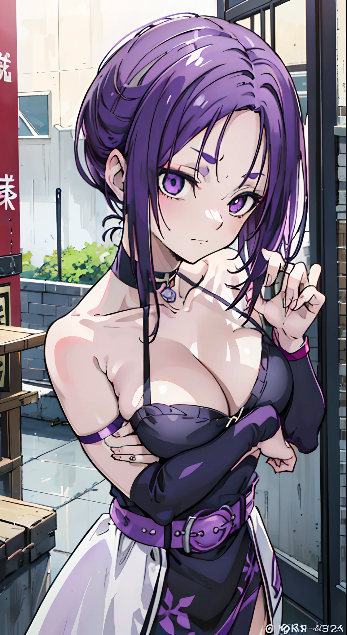 masutepiece, Best Quality, Ultra-detailed, Colorful,Up-close, Hyper-detailing,purple color hair, Reo Mikage, Blue Lock, no sleeves, Camisole and cheongsam, chinese clothes, Chest exposure, Underwear, Ruffled underwear, Metamorphosis is exposed, Choker, Black Choker, arm warmer, wristbands, Belt wristband, Relative area, Dragon tattoo, Perfect hands, Perfect fingers, Feminine fingers, Sexy breasts, Scar, Big breasts, red blush, 1girl in, Solo, Sharp face, Heterochromia, Green eyes, Purple eyes, Bare neck, Happy face, rays of sunshine, Brave Sky, shining sky, Shanghai Village, Slums, baby cries, holds baby