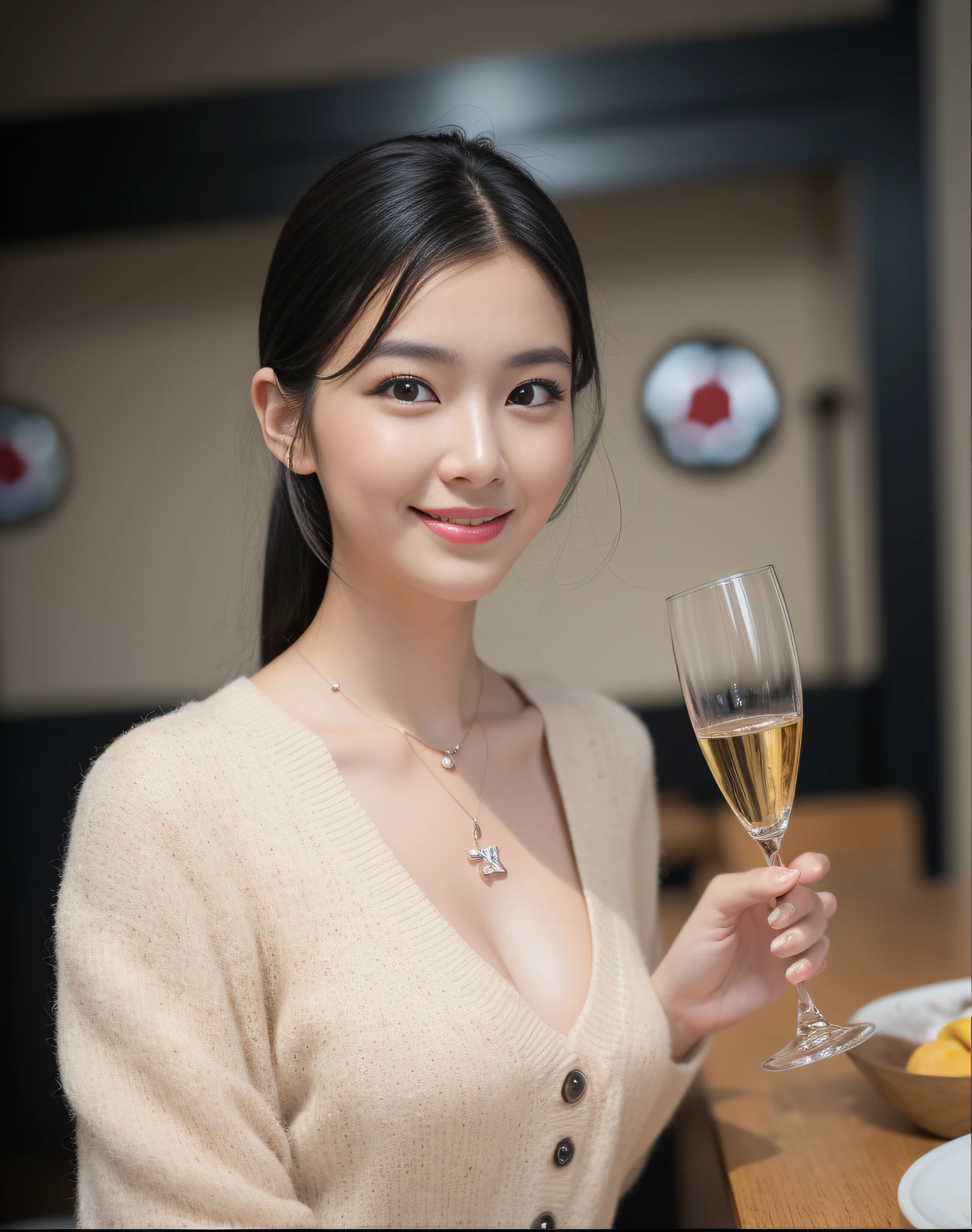 (masutepiece:1.3)、(8K、photographrealistic、Raw photography、top-quality: 1.4)、super definition、Anatomically correct、Textured skin、((((1girl in、Solo))))、((Shooting for one person only))、Beautiful expression、(Realistic face)、(((Korean model(A dark-haired、Center division、long:1.3))))、Chinese models(A dark-haired、Center division、long:1.3)、More Korean than Chinese、Realistic eyes、real looking skin、Beautiful details、Beautiful skins、Shy smile、超A high resolution、(Hyper-realistic)、Anatomically correct、Textured skin、Sharp jawline、Perfect proportions 、((Plump bust))、Necklace, look at viewr, Shoot head-on,